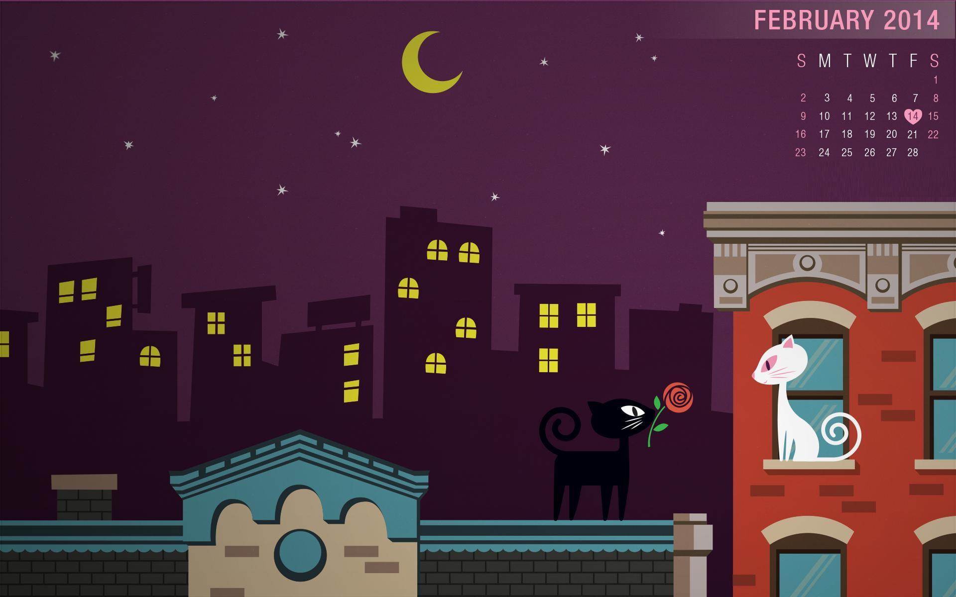 kitties, city, built structure, multi colored, art, moon, technology, february, communication, valentine, architecture, Calendar, representation, 2014, HD Wallpaper