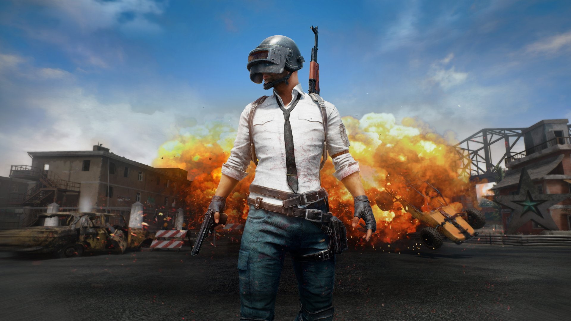 outdoors, sign, Explosion, PlayerUnknowns Battlegrounds, burning, fire - natural phenomenon, standing, adult, Gun, security, fire, flame, headwear, 1080P, HD Wallpaper