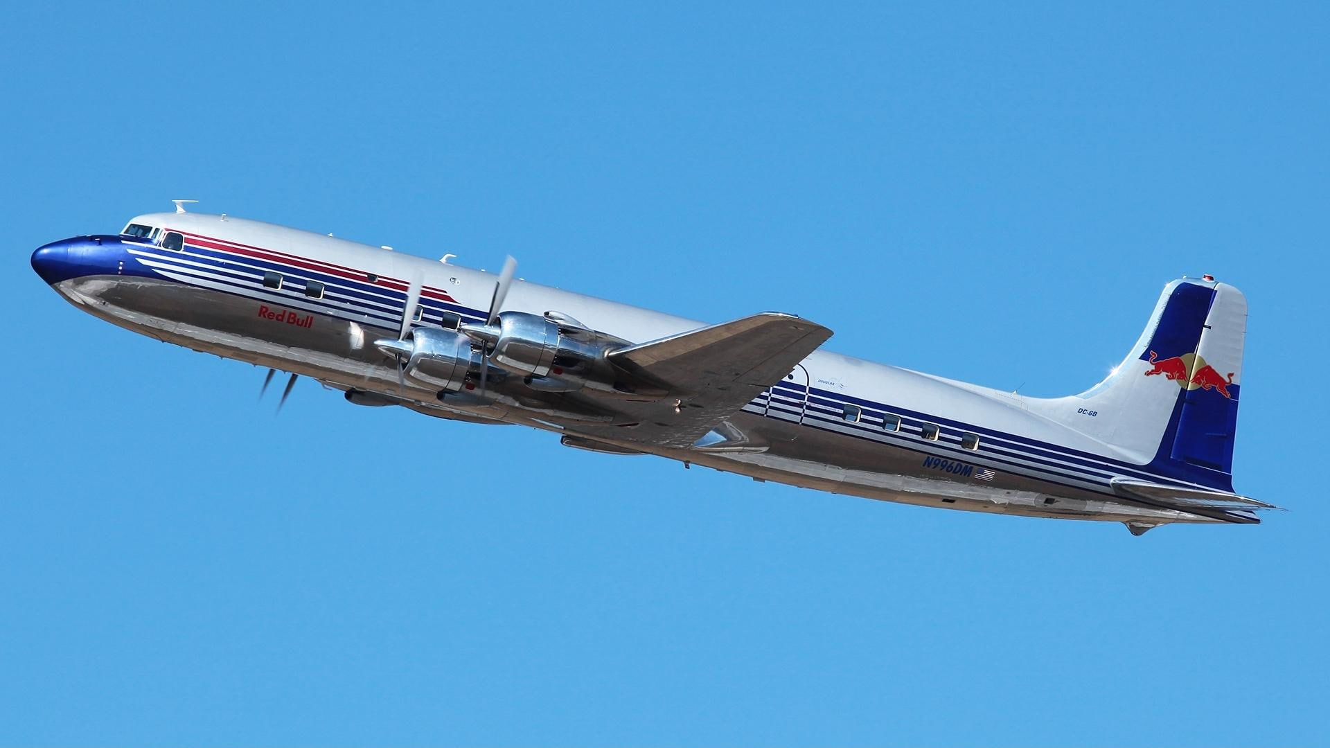 bulls, antique, 1080P, flying, airplane, plane, douglas, airliner, redbull, dc, dc-6, aircraft pla, classic, HD Wallpaper