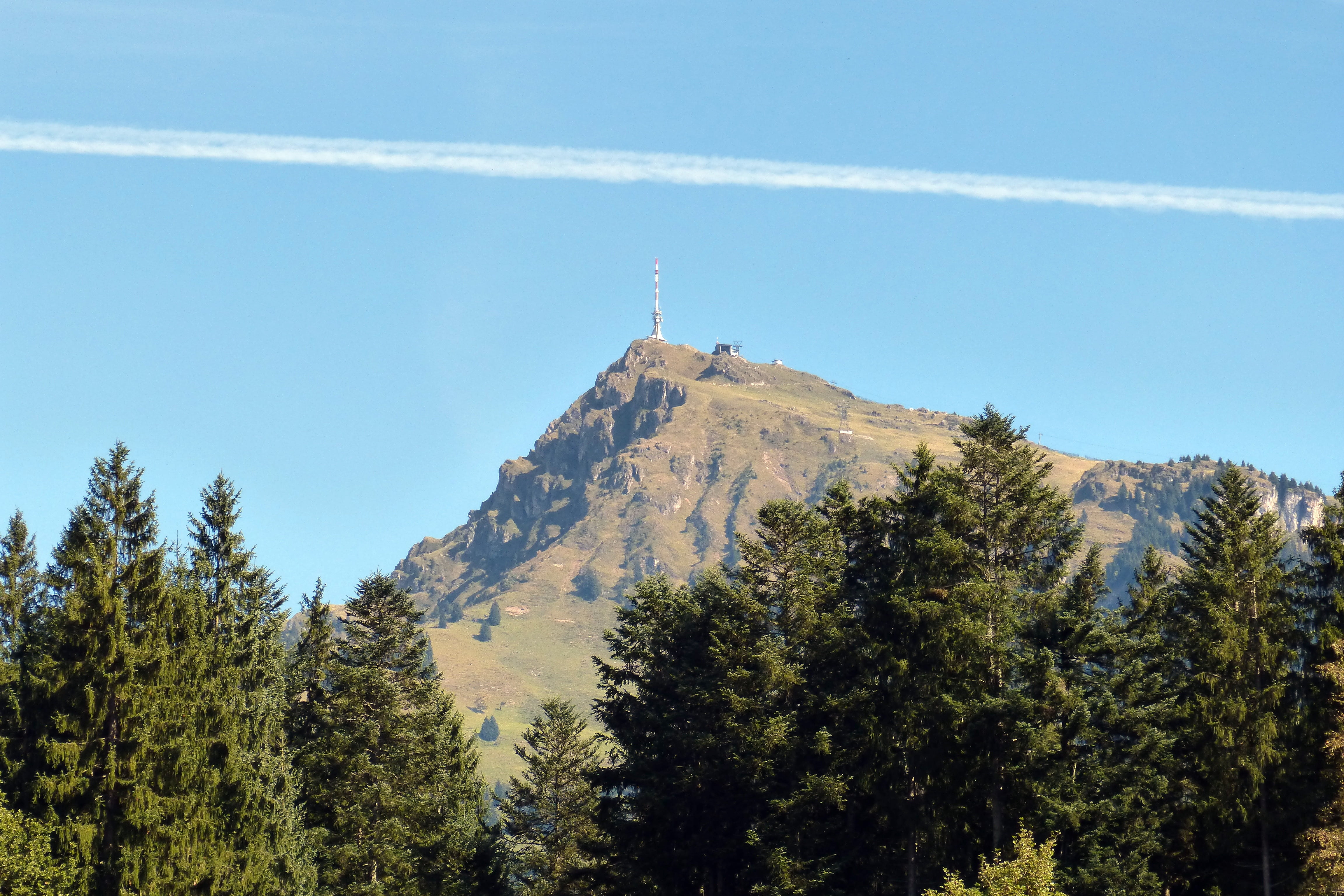 plant, tranquil scene, tranquility, land, formation, tree, kitzbüheler horn, mountains, austria, mountain, vapor trail, beauty in nature, outdoors, transmission tower, HD Wallpaper