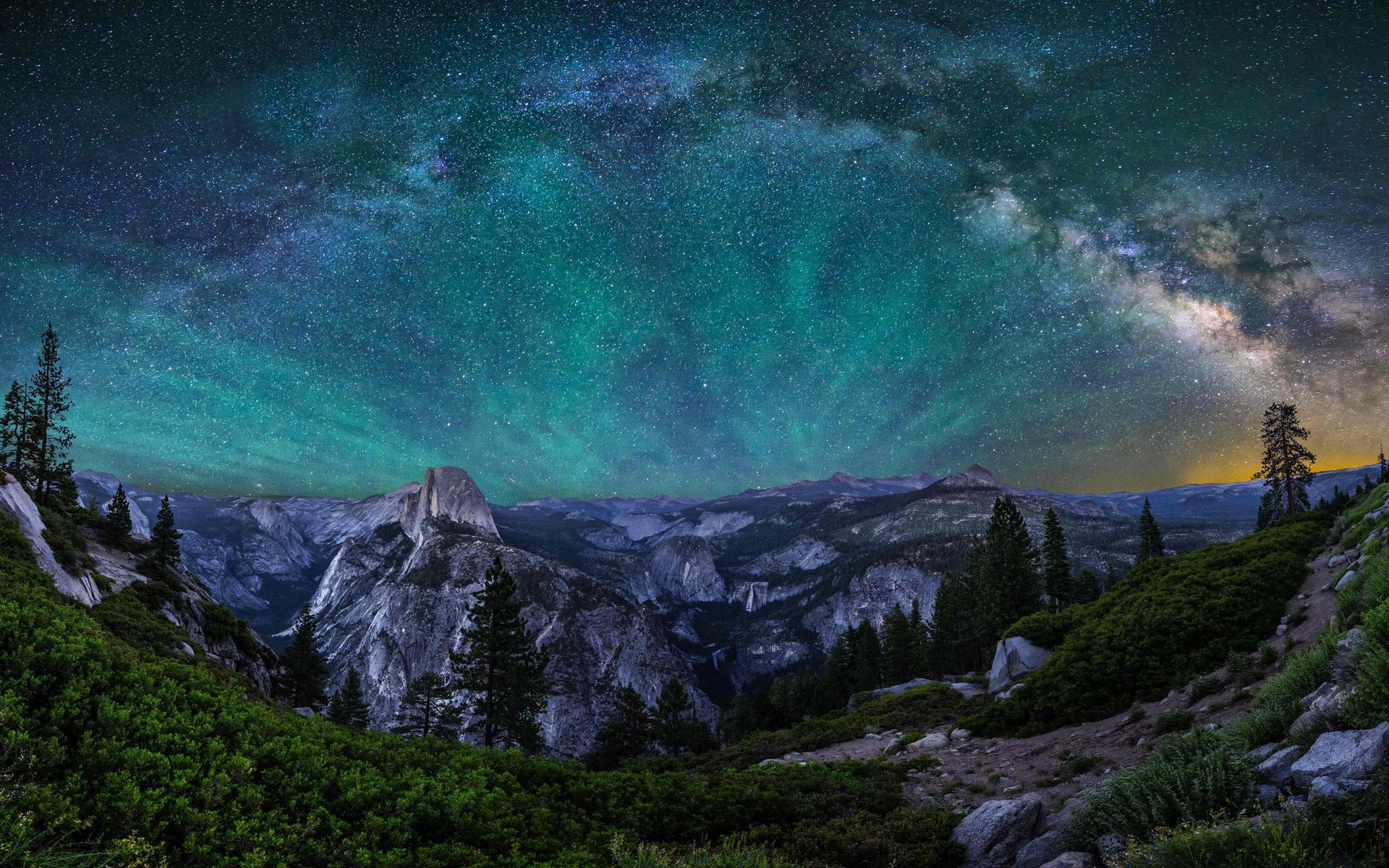 astronomy, rock, 1080P, milky way, space, beauty in nature, sky, plant, night, environment, mountain range, tranquility, green color, tranquil scene, landscape, HD Wallpaper
