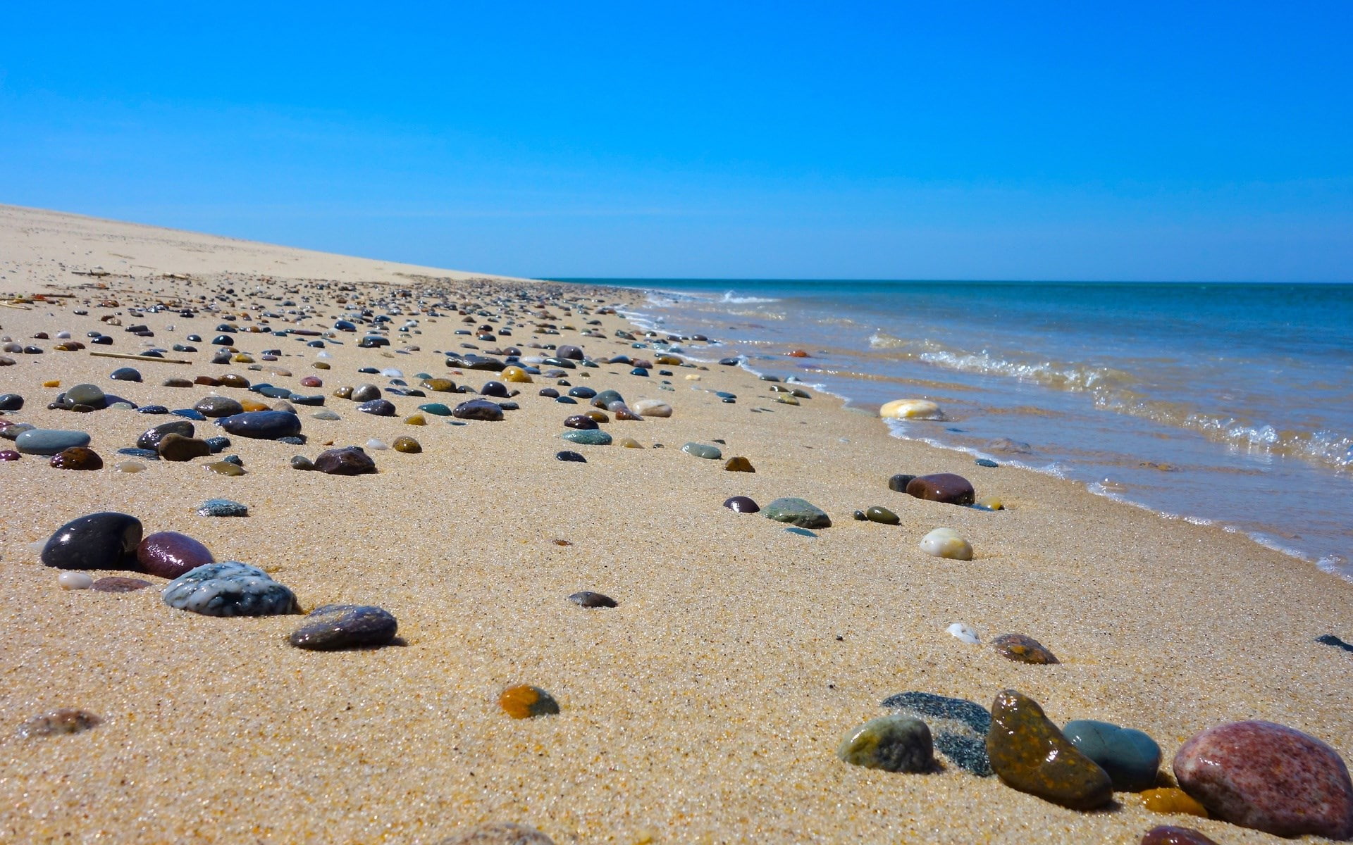 land, beach, tranquility, rock - object, sea, no people, solid, rock, blue, sky, beauty in nature, sand, nature, 1080P, pebble, horizon, tranquil scene, HD Wallpaper