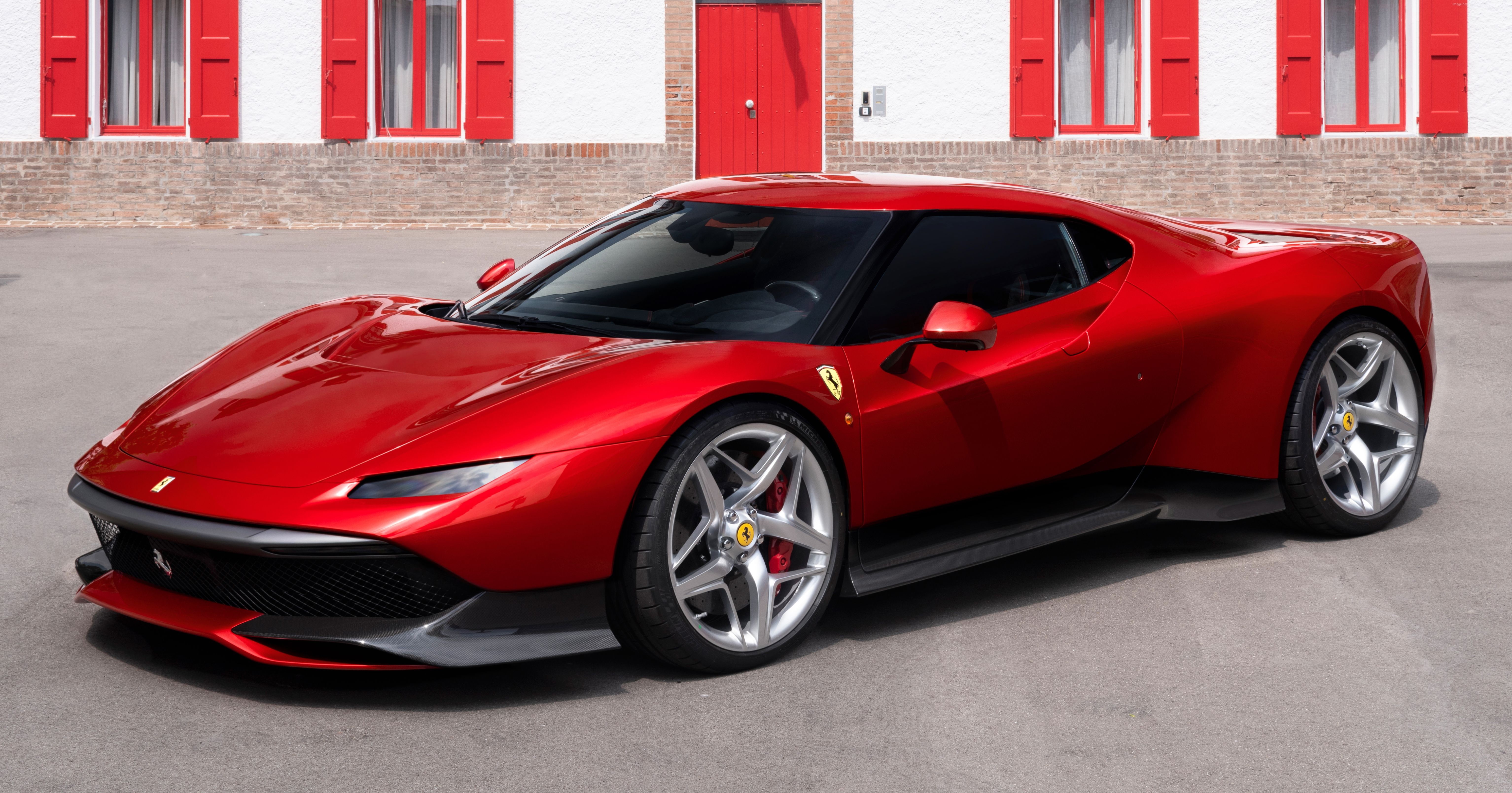 personal land vehicle, 4K, day, sports car, Ferrari SP38, luxury, wealth, transportation, land vehicle, racecar, no people, red, Luxury cars, 5K, speed, HD Wallpaper