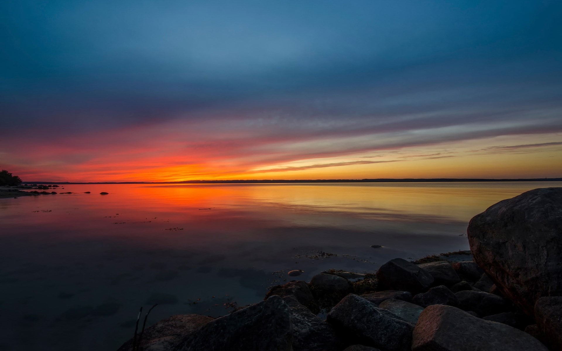 1080P, horizon over water, land, rock, beach, no people, rock - object, orange color, tranquility, water, sunset, sea, cloud - sky, romantic sky, idyllic, HD Wallpaper