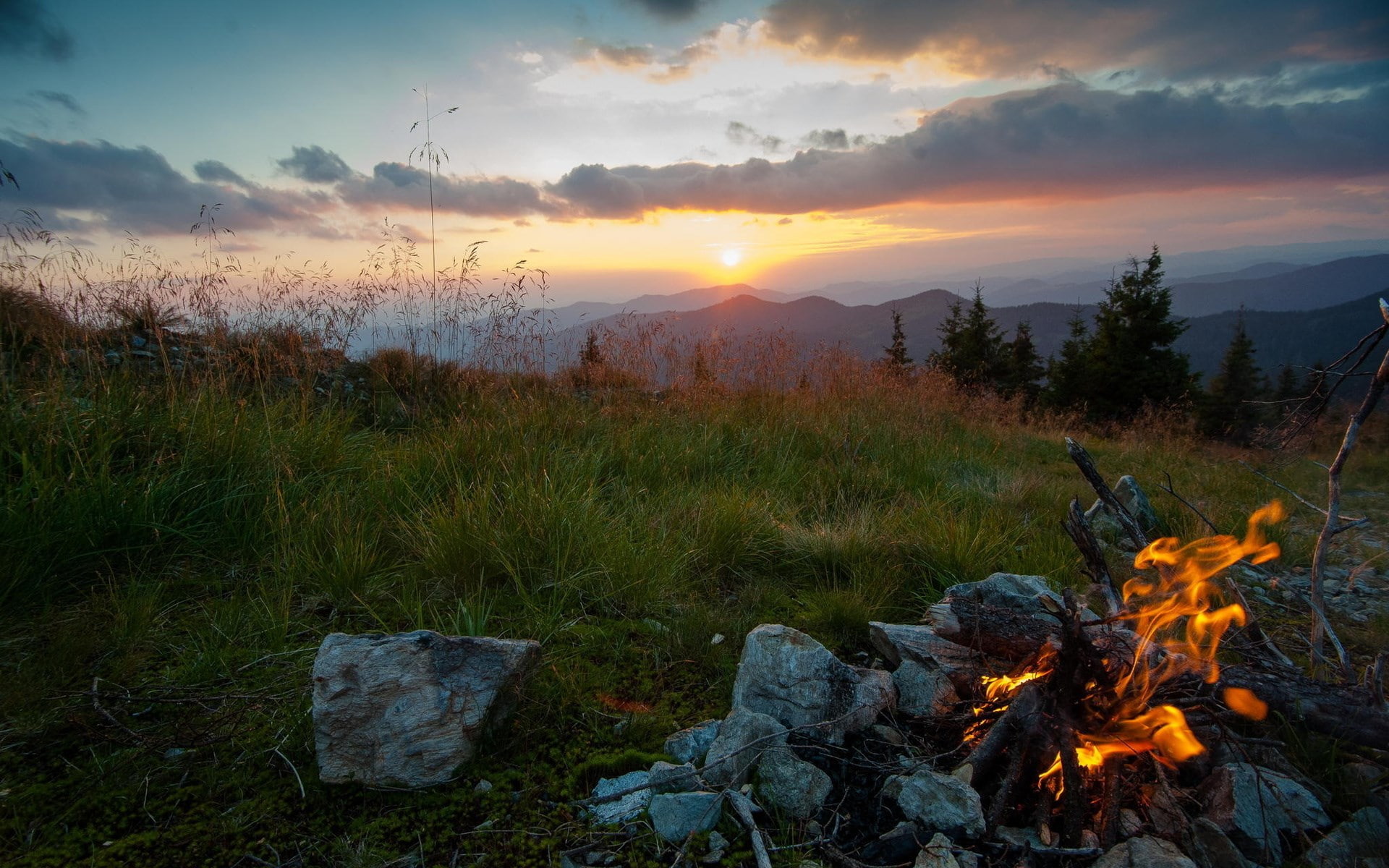 grass, landscape, tranquil scene, nature screen backgrounds 1920x1200, fire, non-urban scene, beauty in nature, campfire, environment, sky, sunset, plant, HD Wallpaper