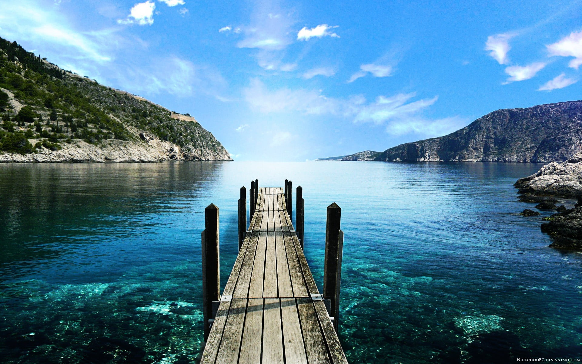 no people, walking, wooden post, non-urban scene, wooden, blue, sea, sky, tranquility, brown, long, cloud - sky, scenics - nature, day, dock, mountain, HD Wallpaper