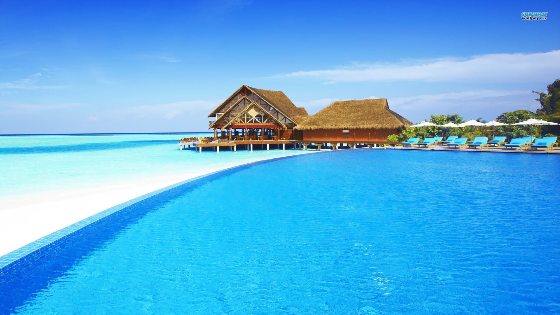 outdoors, scenics - nature, built structure, swimming pool, thatched roof, blue, beauty in nature, island, waterfront, sea, building exterior, travel destinations, HD Wallpaper
