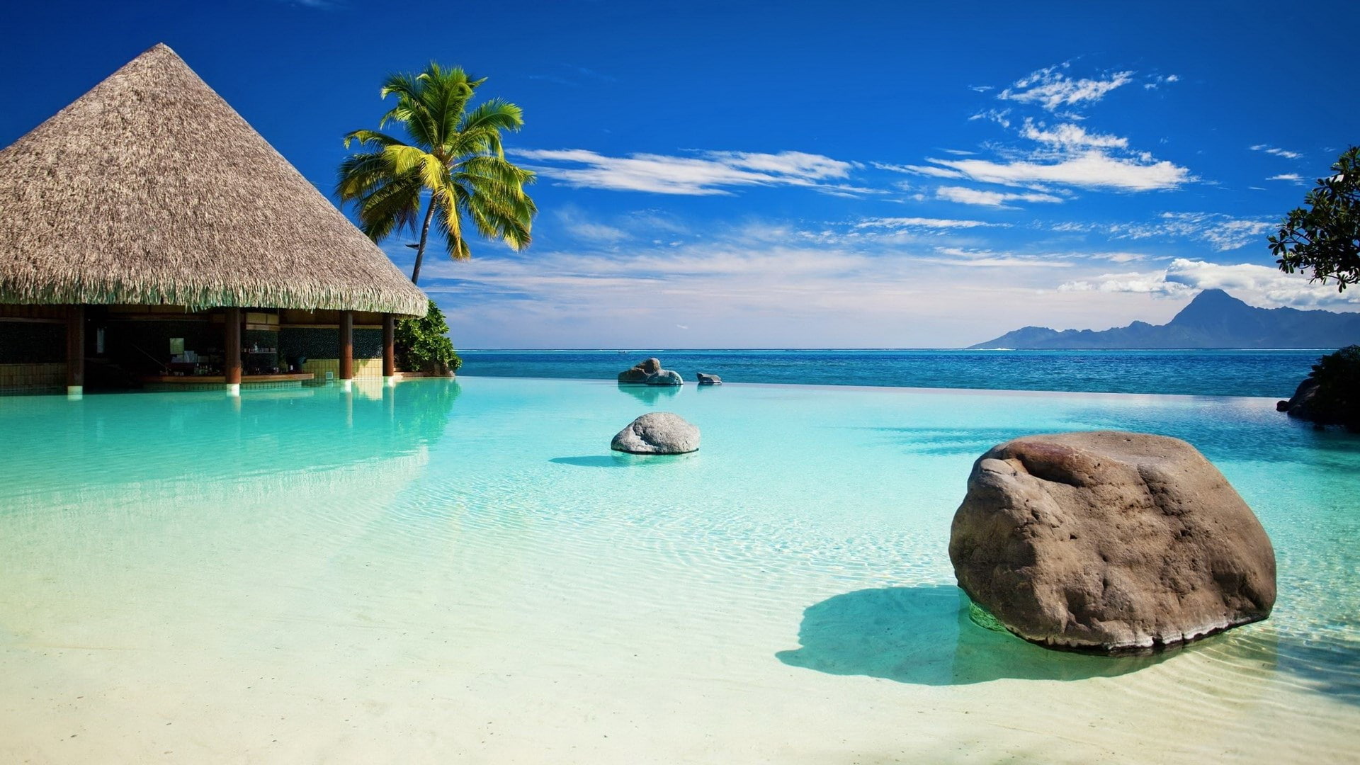 sky, travel destinations, tropical climate, tranquil scene, water, 1080P, sea, land, house, turquoise colored, palm tree, beach, outdoors, no people, photo nature backgrounds for desktop 1920x1080, HD Wallpaper