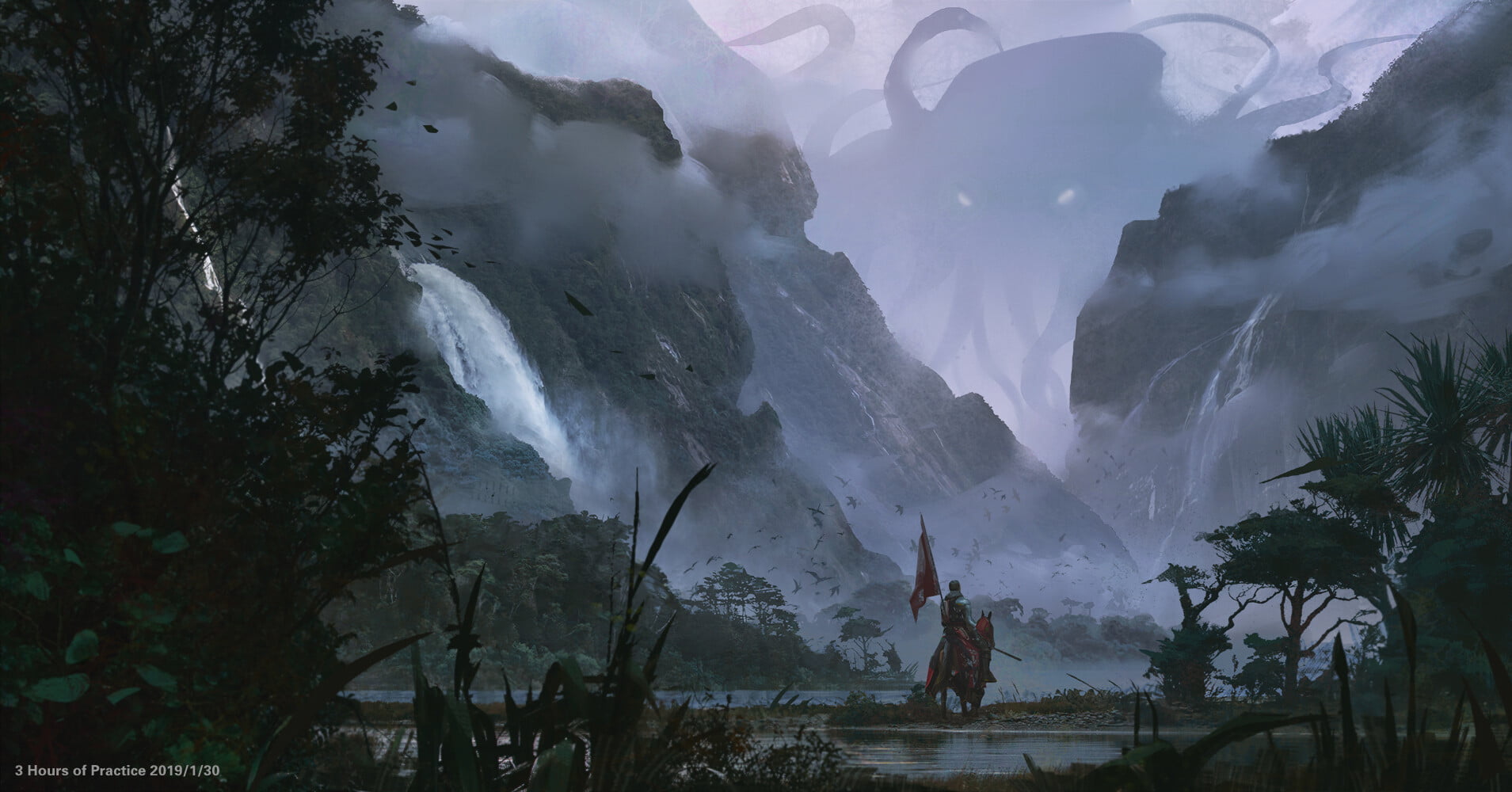 digital, 720P, horse riding, flag, artwork, landscape, 2019 (Year), Cthulhu, HD Wallpaper