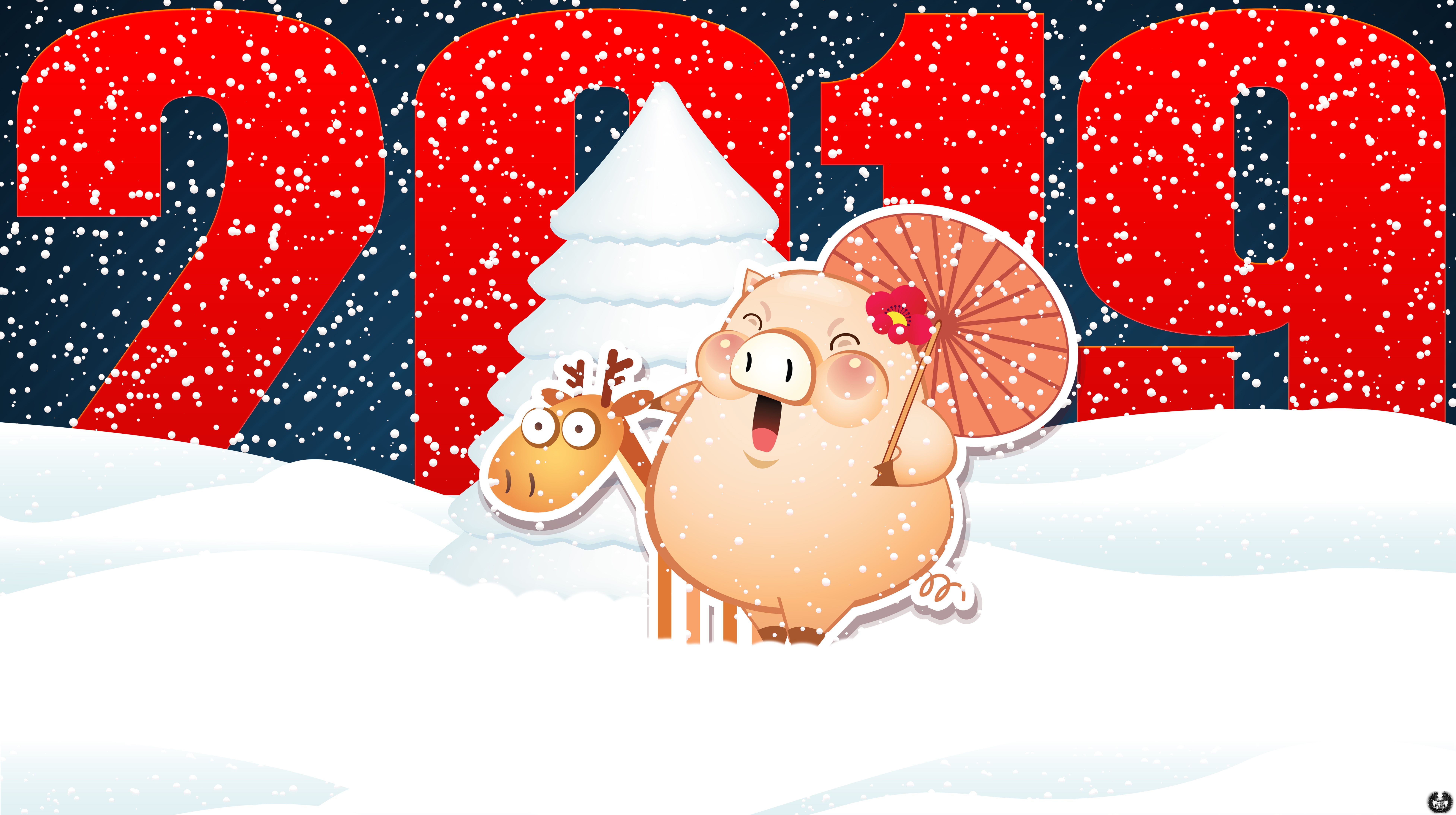 Tree, Snowflakes, Snow, Pig, New Year, Deer, 2019, Background, The snow, Art, Holiday, 8K, Umbrella, Mood, Minimalism, The Year Of The Pig, Christmas, HD Wallpaper