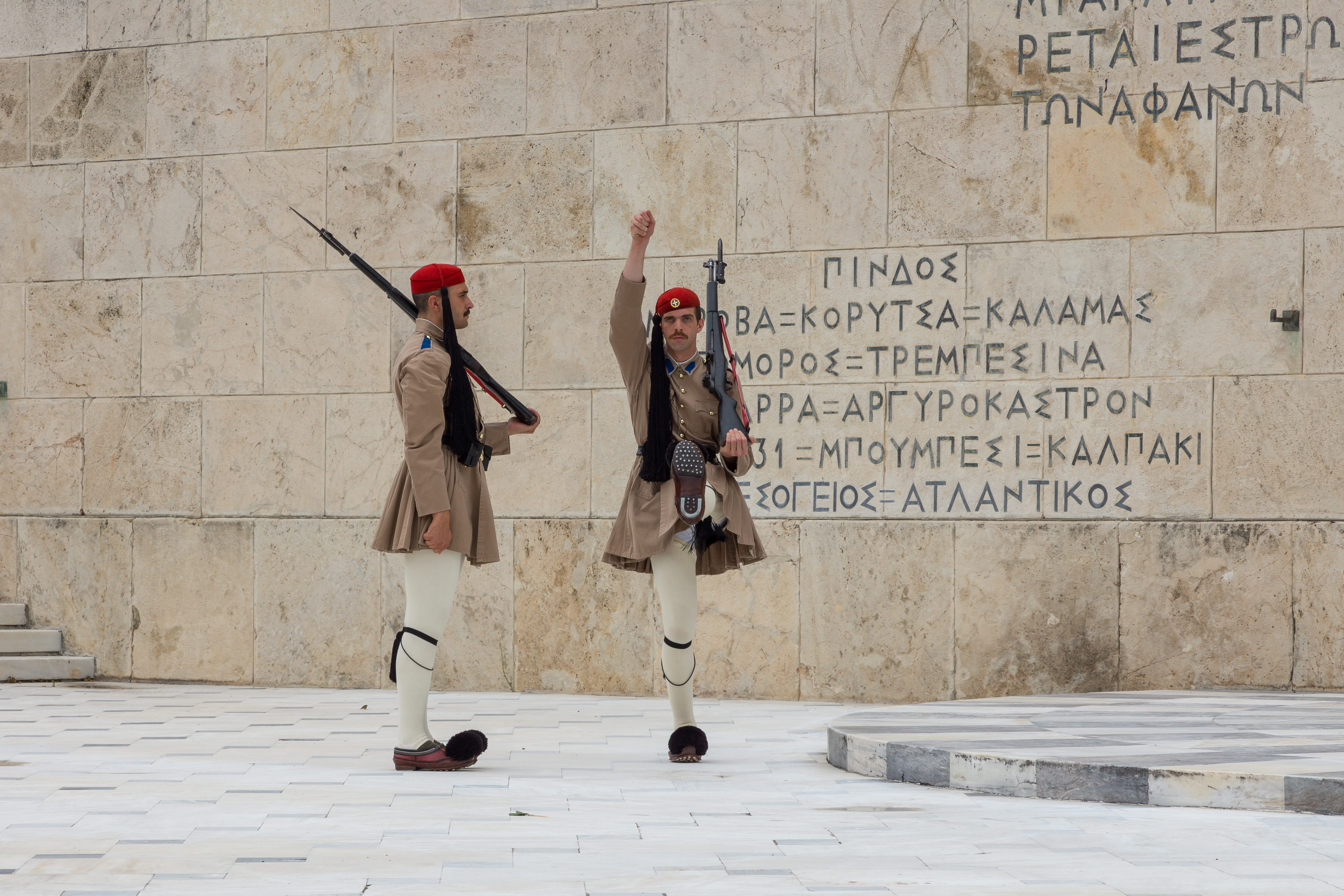 parliament, security, gun, athens, history, rifle, 5K, army soldier, ceremony, costume, men, communication, soldiers, text, the past, clothing, architecture, HD Wallpaper