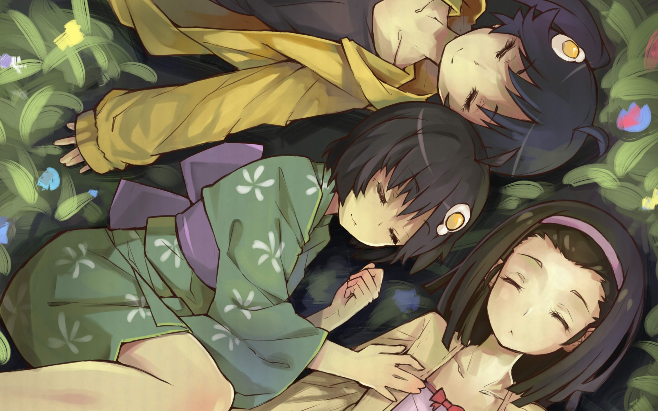 Araragi Karen, day, animal themes, relaxation, home interior, Sengoku Nadeko, 1080P, sleeping, textile, grass, anime girls, art and craft, no people, resting, HD Wallpaper