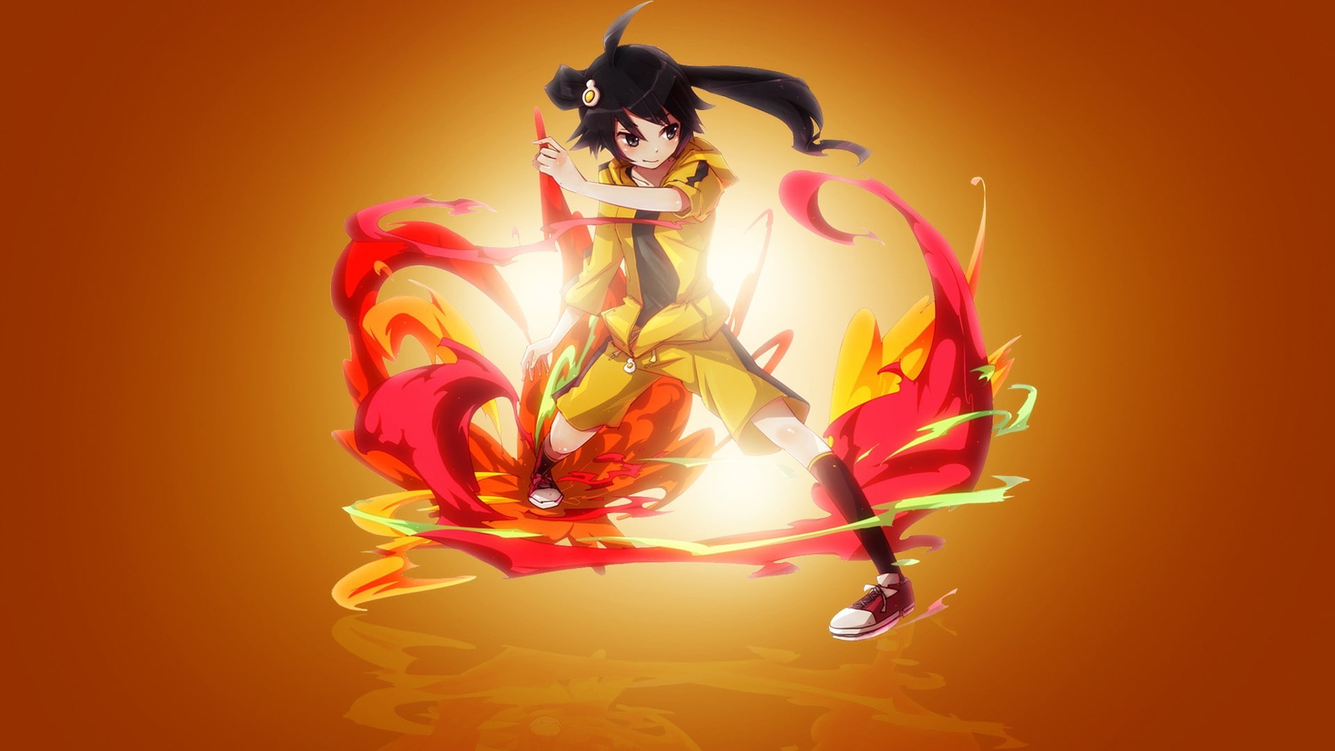 orange color, Monogatari Series, yellow, nature, animal, studio shot, celebration, anime girls, colored background, flowering plant, orange background, HD Wallpaper