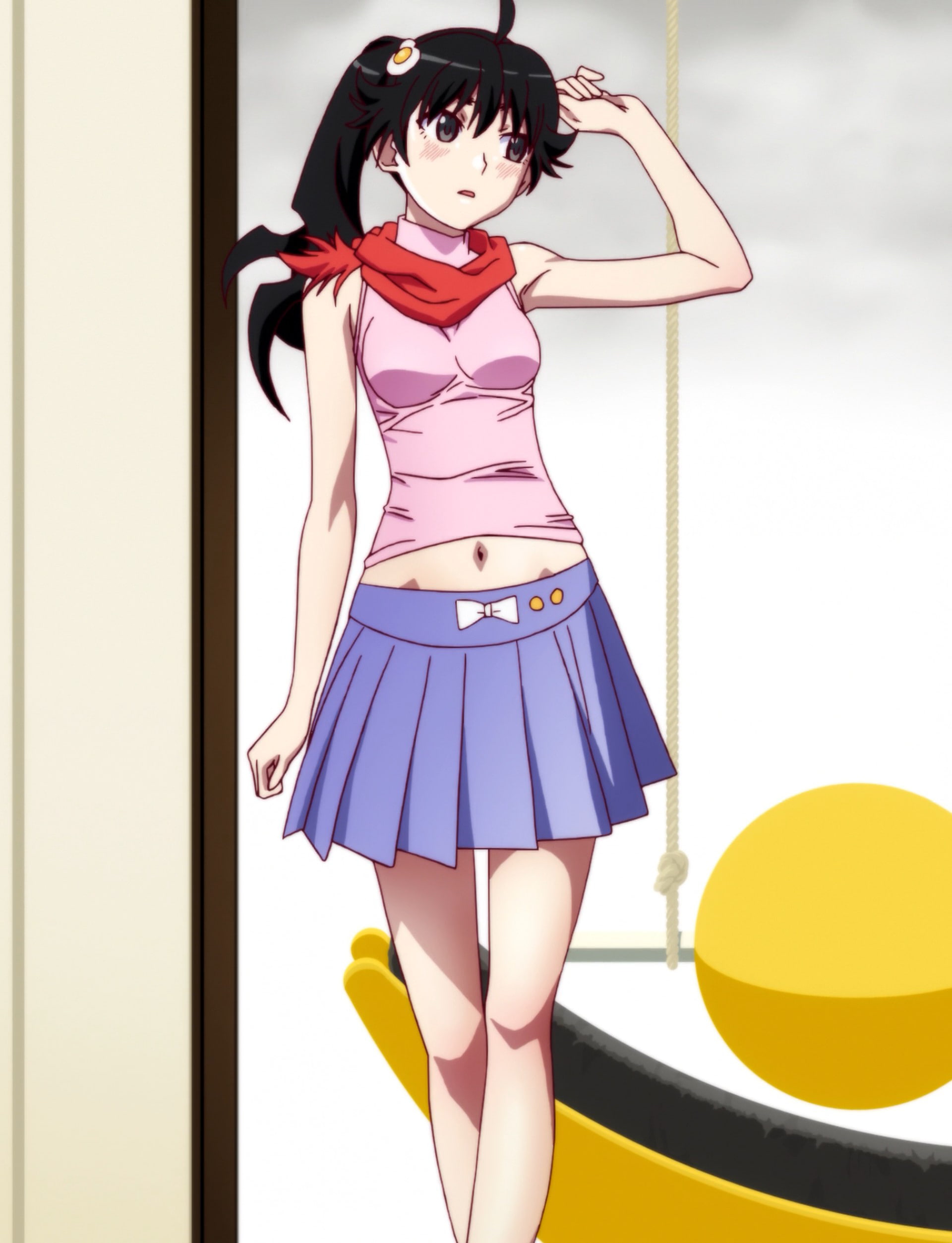 anime, Monogatari Series, brunette, blue eyes, tank top, skirt, 1080P, white skin, film stills, Araragi Karen, anime girls, Phone HD Wallpaper