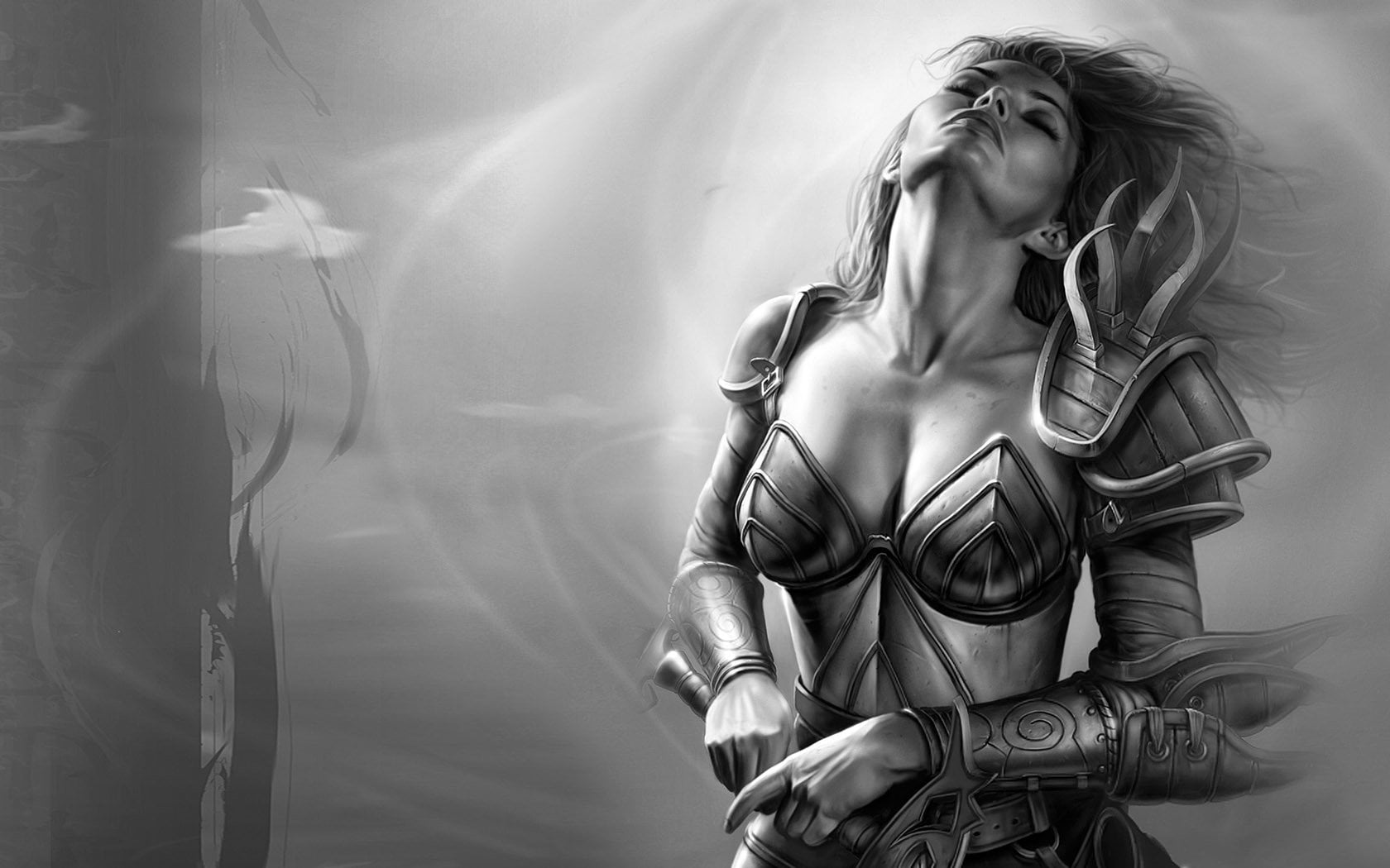 waist up, female, Neverwinter Nights, beautiful people, Fantasy, Sword, Woman, beautiful woman, young women, females, contemplation, indoors, beauty, long hair, HD Wallpaper