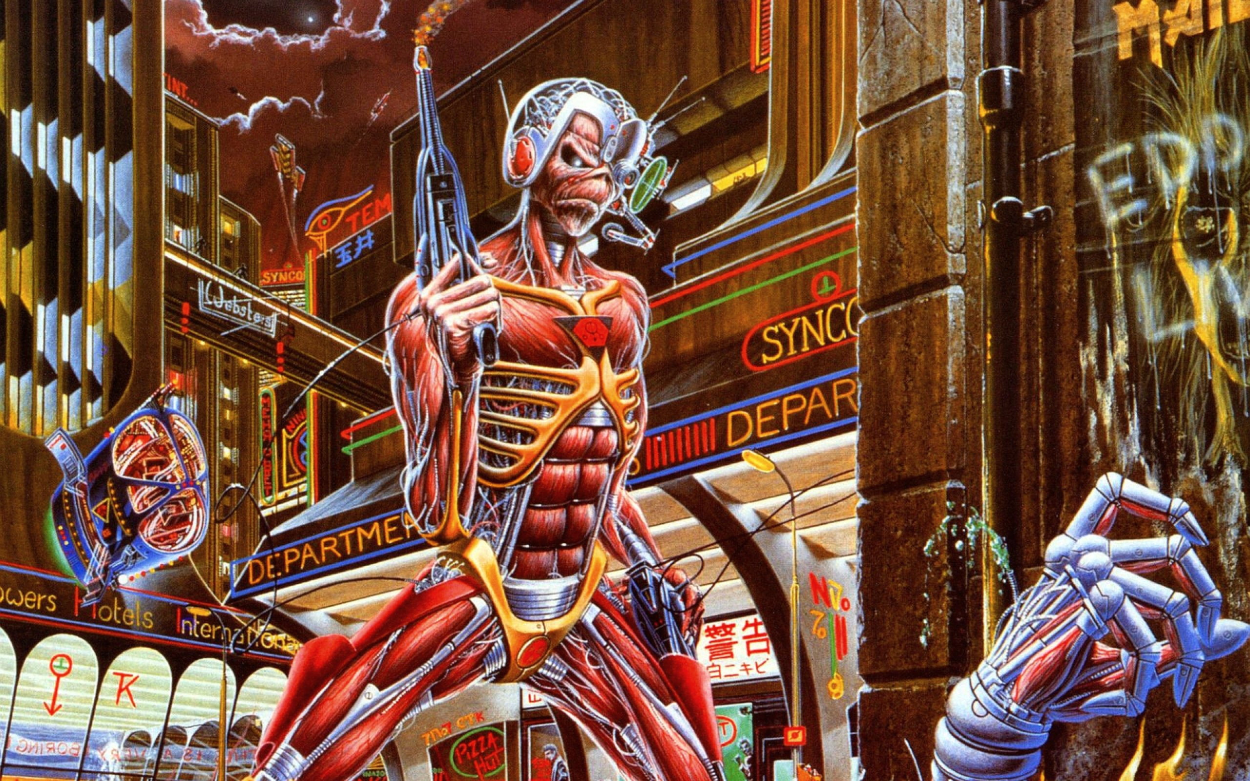 skull, Metal, robot, Evil, heavy, sci, demon, Iron, fi, maiden, fantasy, Dark, poster, Power, artwork, cyborg, 2K, Eddie, HD Wallpaper