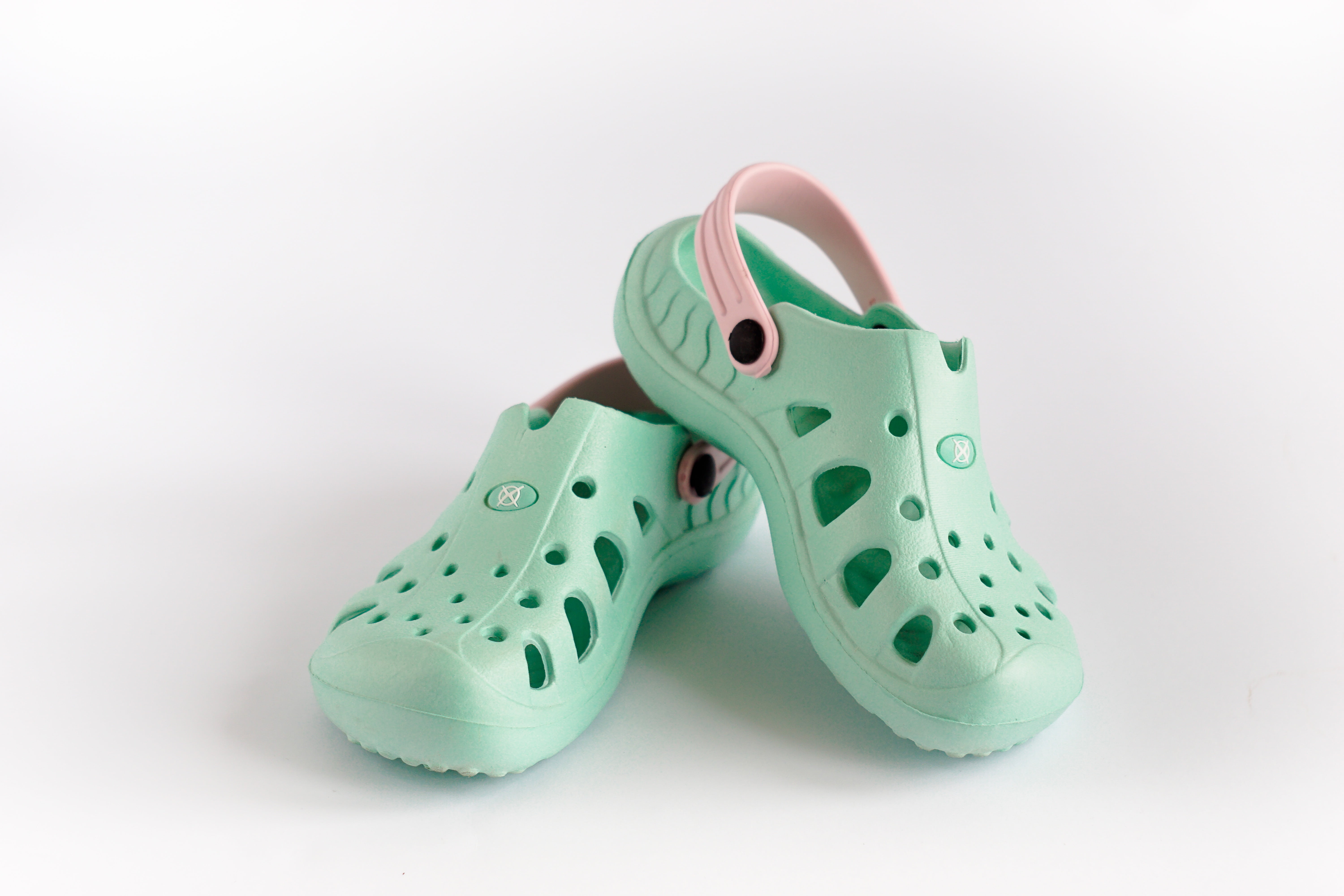 white background, crocs, summer, two objects, sandals, offspring, no people, flip, still life, studio shot, fun, 5K, fashion, green color, shoes, blue, HD Wallpaper