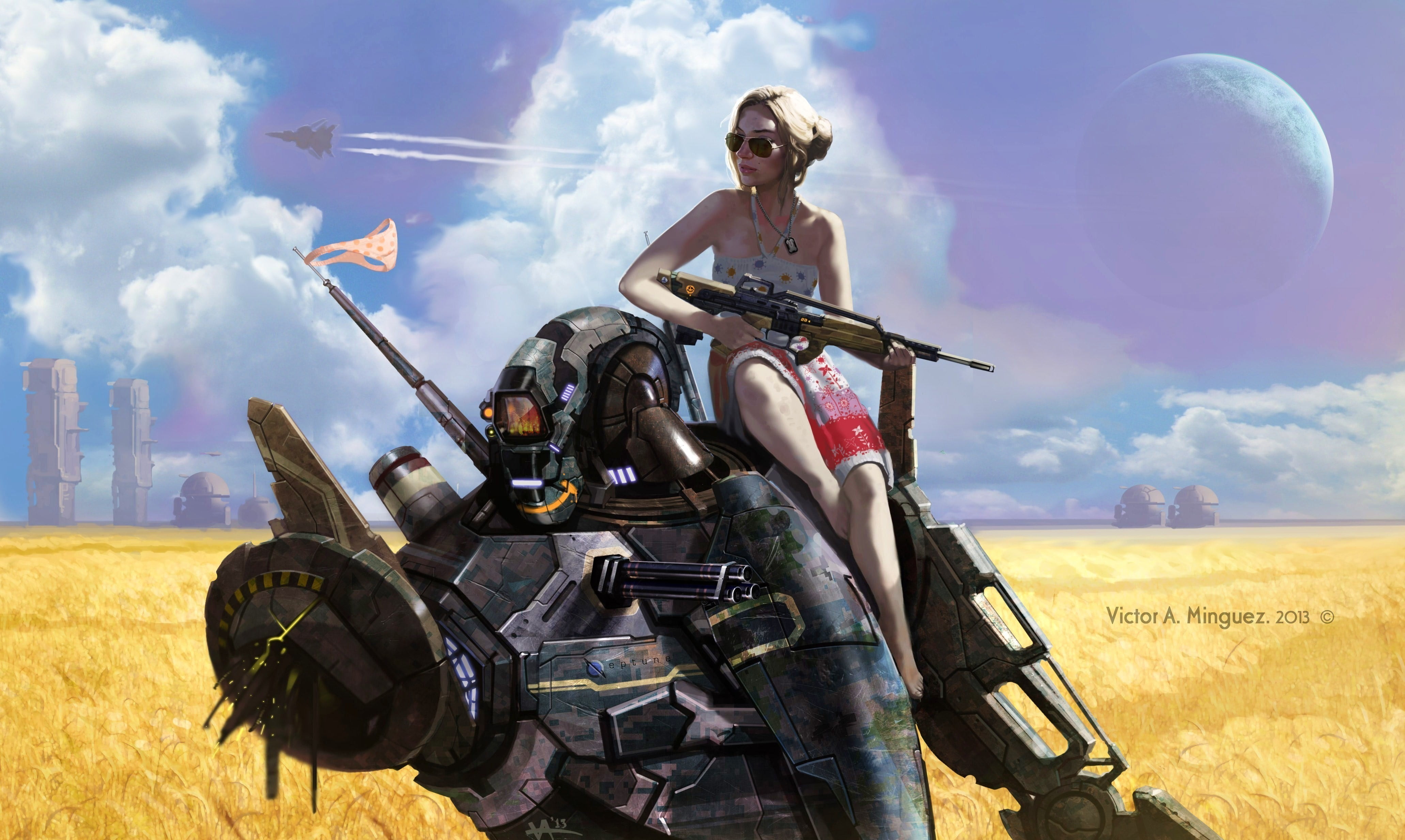 outdoors, sky, haired, mode of transportation, holding, weapon, military, land, nature, gray, adult, artwork, sunlight, portrait, gun, 4K, cloud - sky, HD Wallpaper