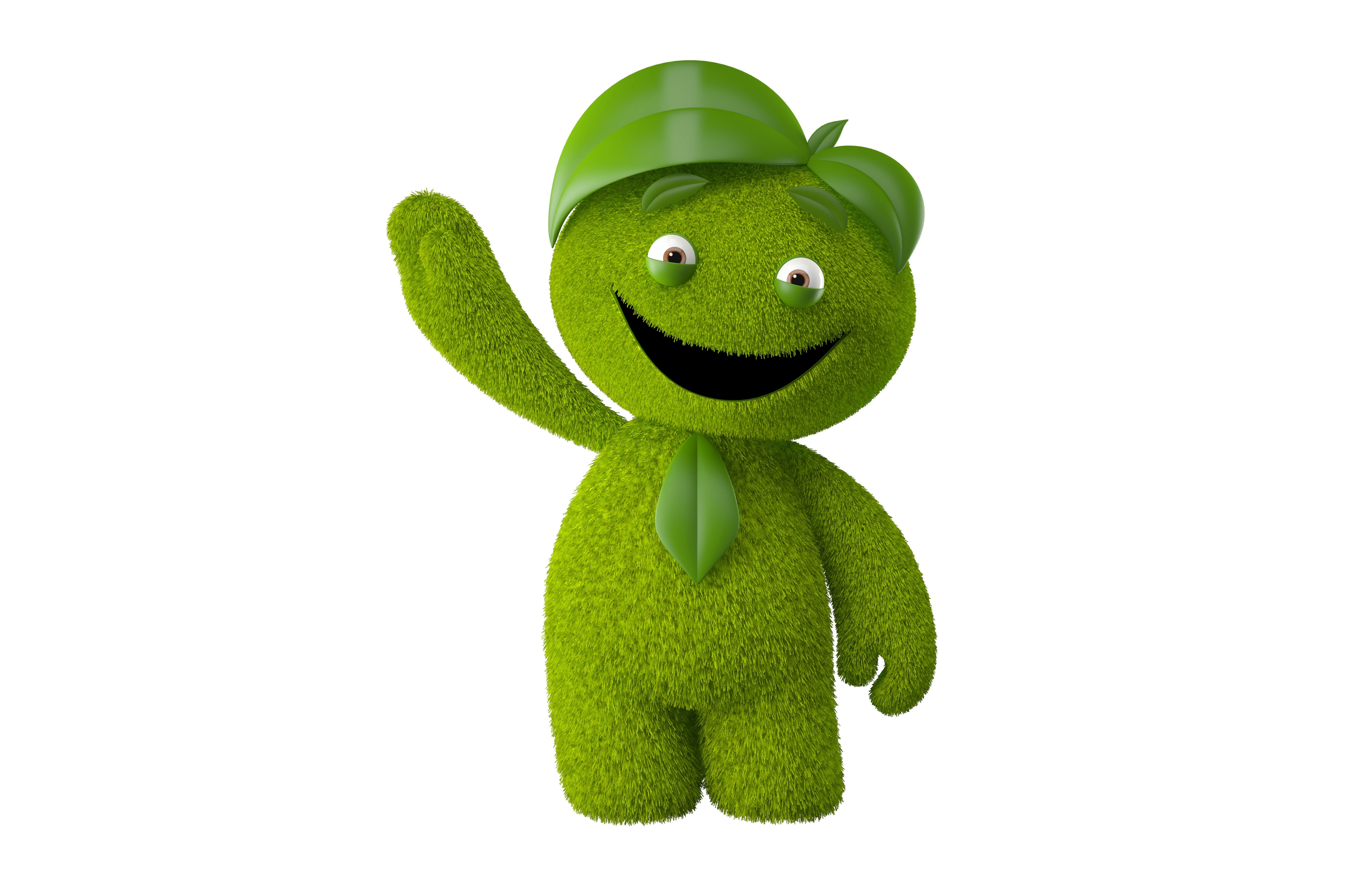 single object, stuffed toy, bright smiling monster on a white background, representation, smiling, animal representation, green color, leaf, 5K, studio shot, HD Wallpaper