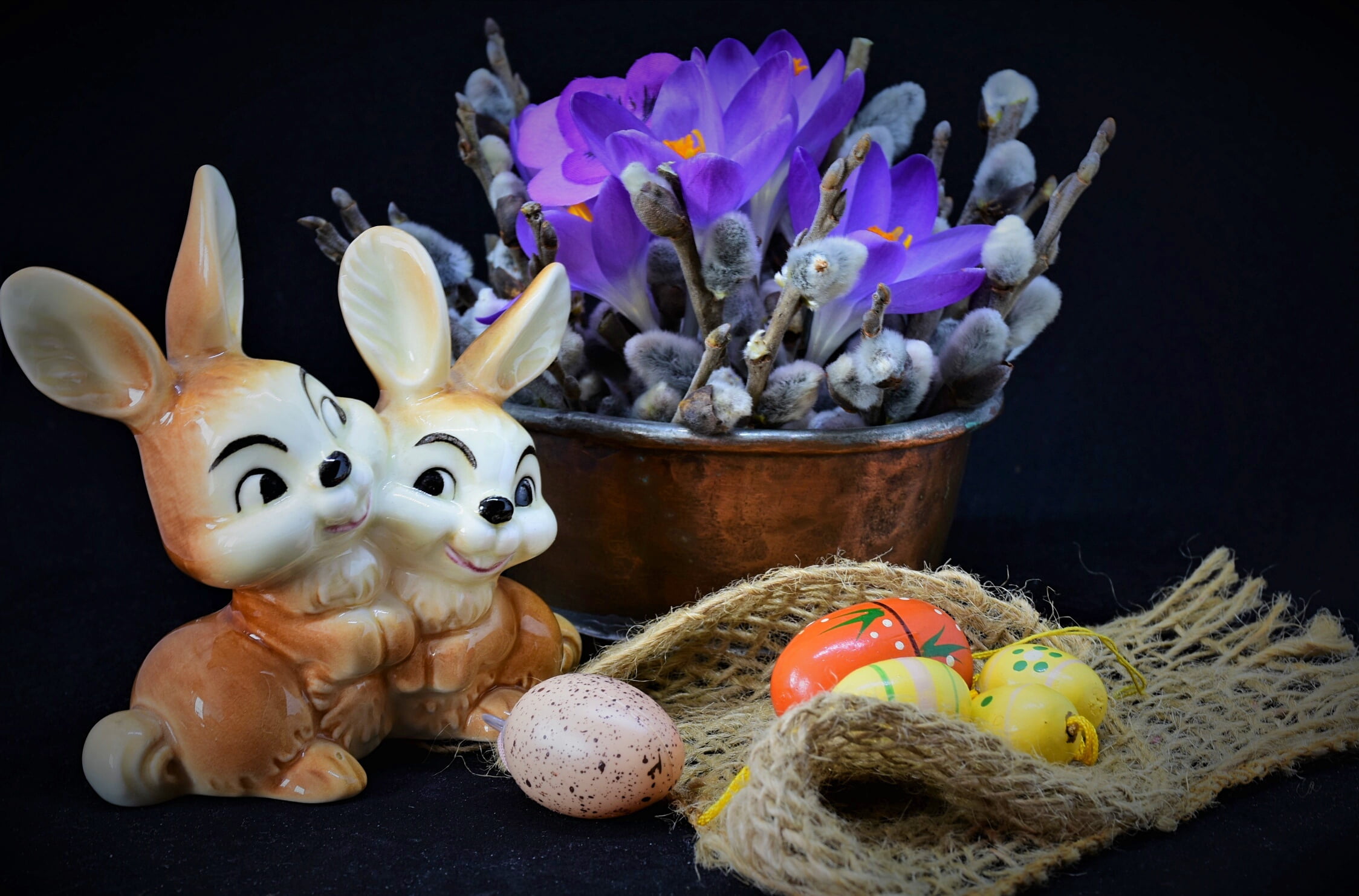 Easter, flowers, figure, fabric, still life, Taz, crocuses, 1080P, holiday, branches, eggs, burlap, Verba, rabbits, HD Wallpaper