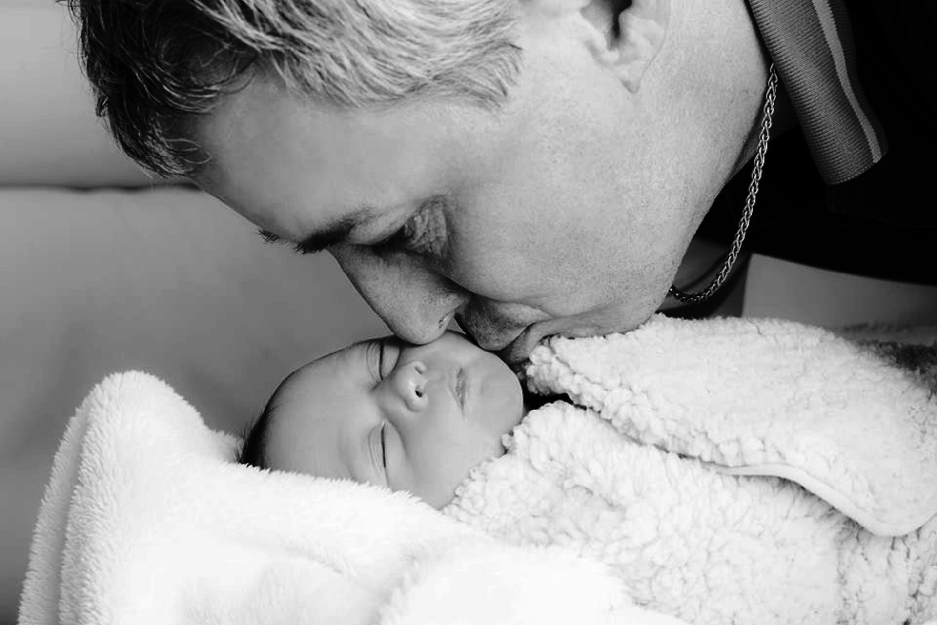 baby, indoors, child, infant, love, young, men, togetherness, relaxation, eyes closed, males, adult, headshot, man, dad, embracing, newborn, black And White, HD Wallpaper