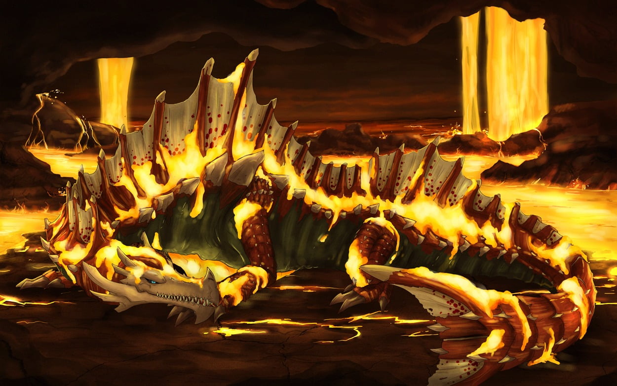 Monster Hunter, fantasy art, tranquility, rock, indoors, travel destinations, solid, day, no people, heat - temperature, fire, flame, nature, fish, video games, HD Wallpaper