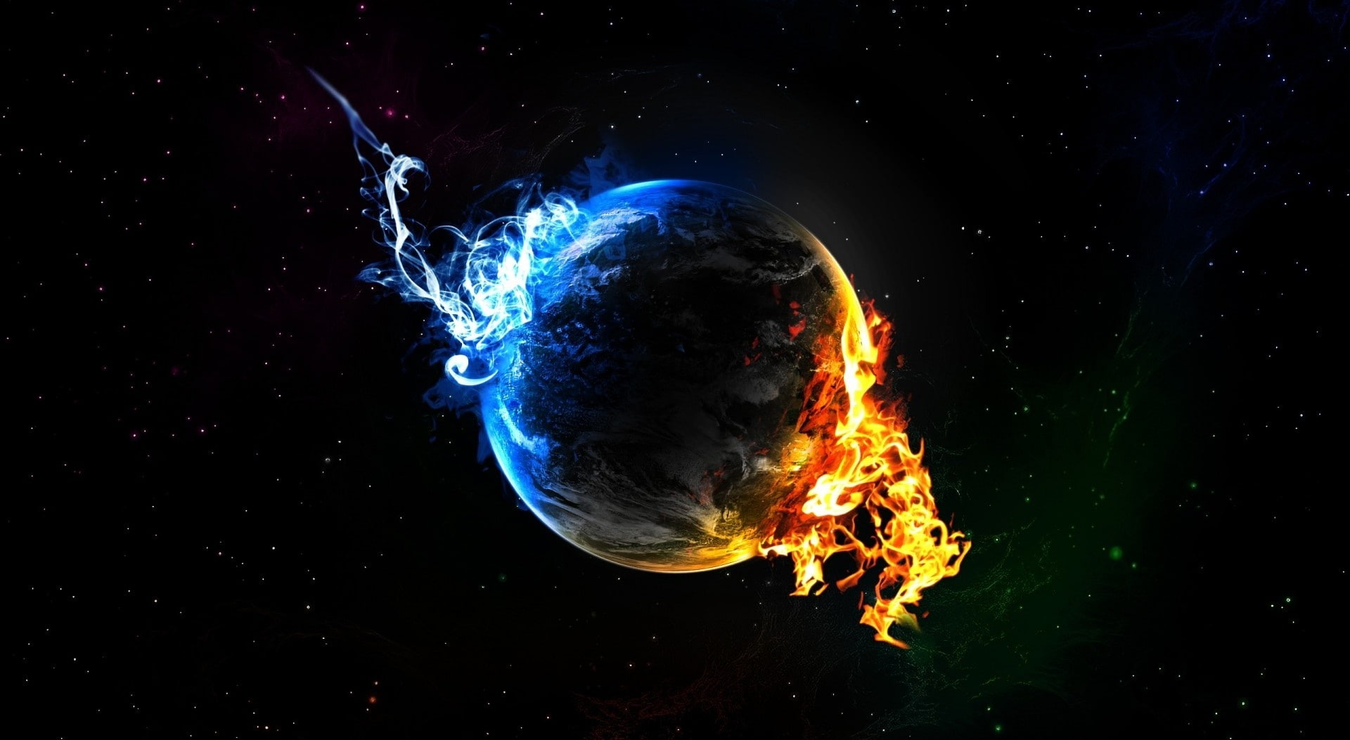 planet - space, burning, orange color, nature, night, sphere, 1080P, Fire, blue, exploding, black background, ice, heat - temperature, sky, motion, no people, HD Wallpaper