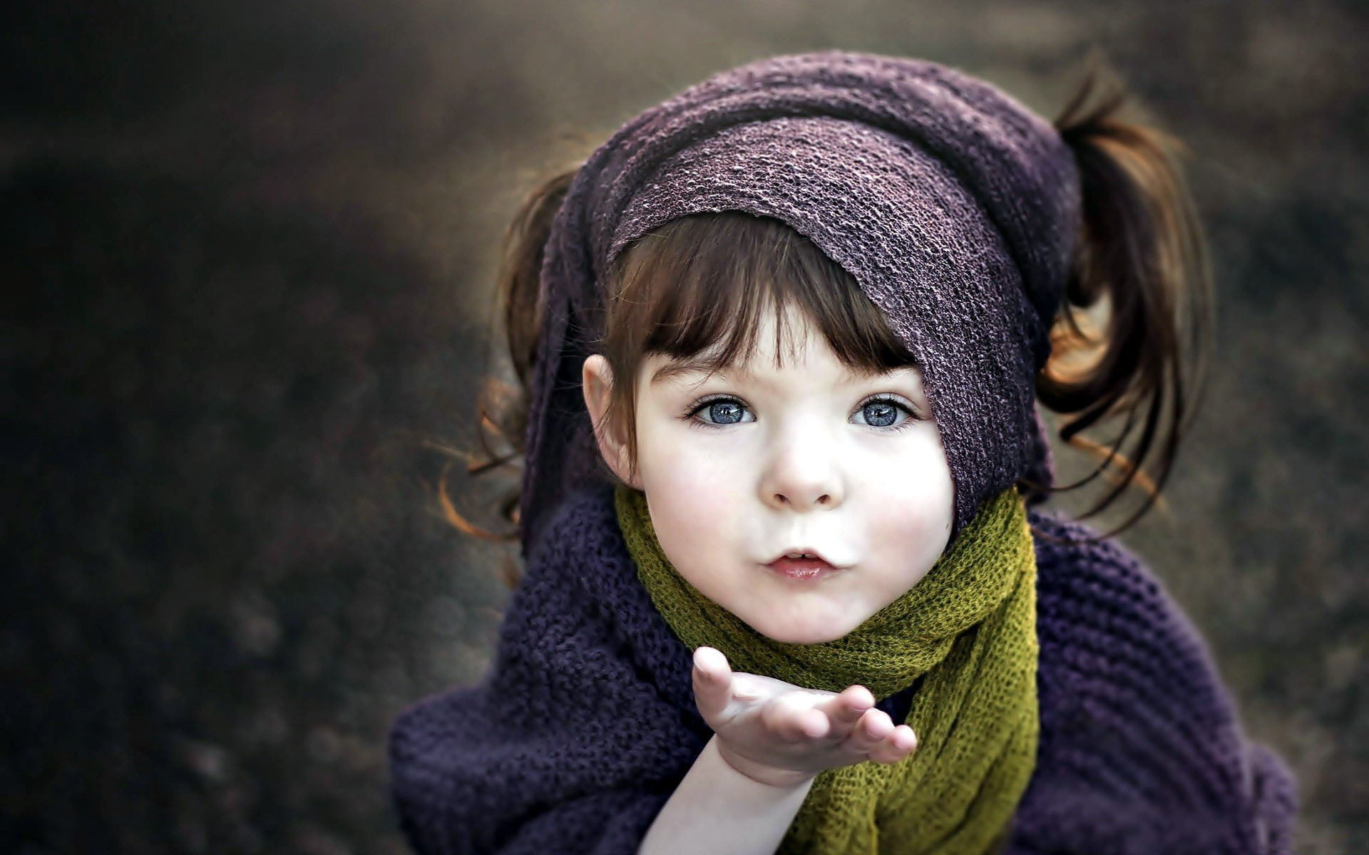 one person, kiss, 1080P, outdoors, warm clothing, green, childhood, scarf, hood - clothing, sweater, s, girl, hat, front view, close-up, portrait, innocence, HD Wallpaper