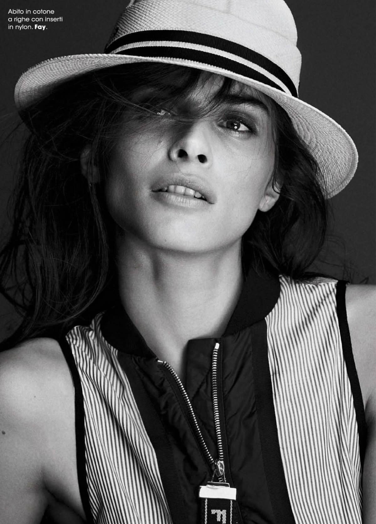 720P, black background, hairstyle, beauty, one person, business, indoors, beautiful woman, striped, clothing, smiling, hat, Elisa Sednaoui, looking at camera, Phone HD Wallpaper