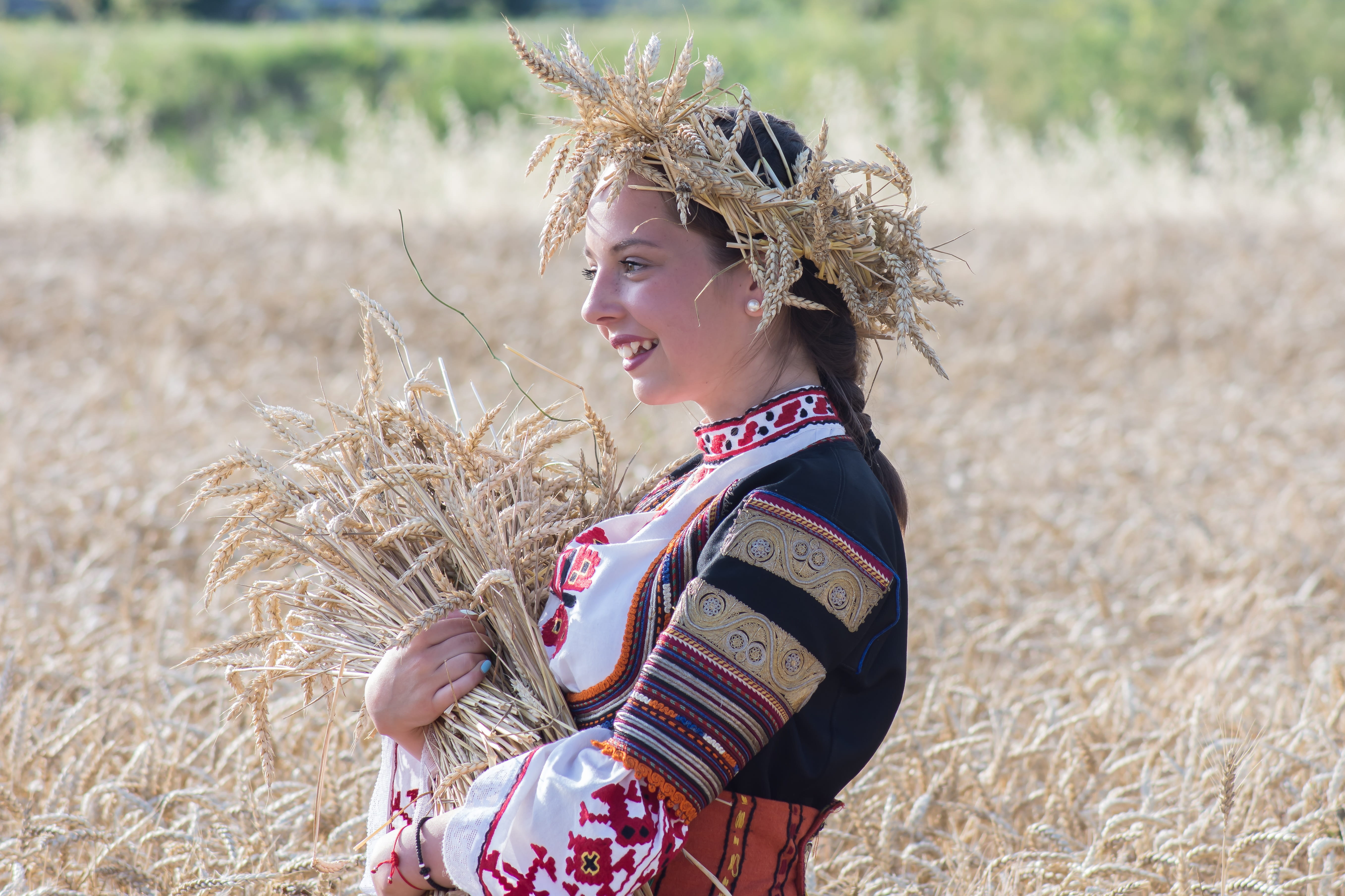wheat, sarafovo, one person, agriculture, girl, outdoors, traditions, land, landscape, side view, cereal plant, smiling, lifestyles, country, season, natural, HD Wallpaper
