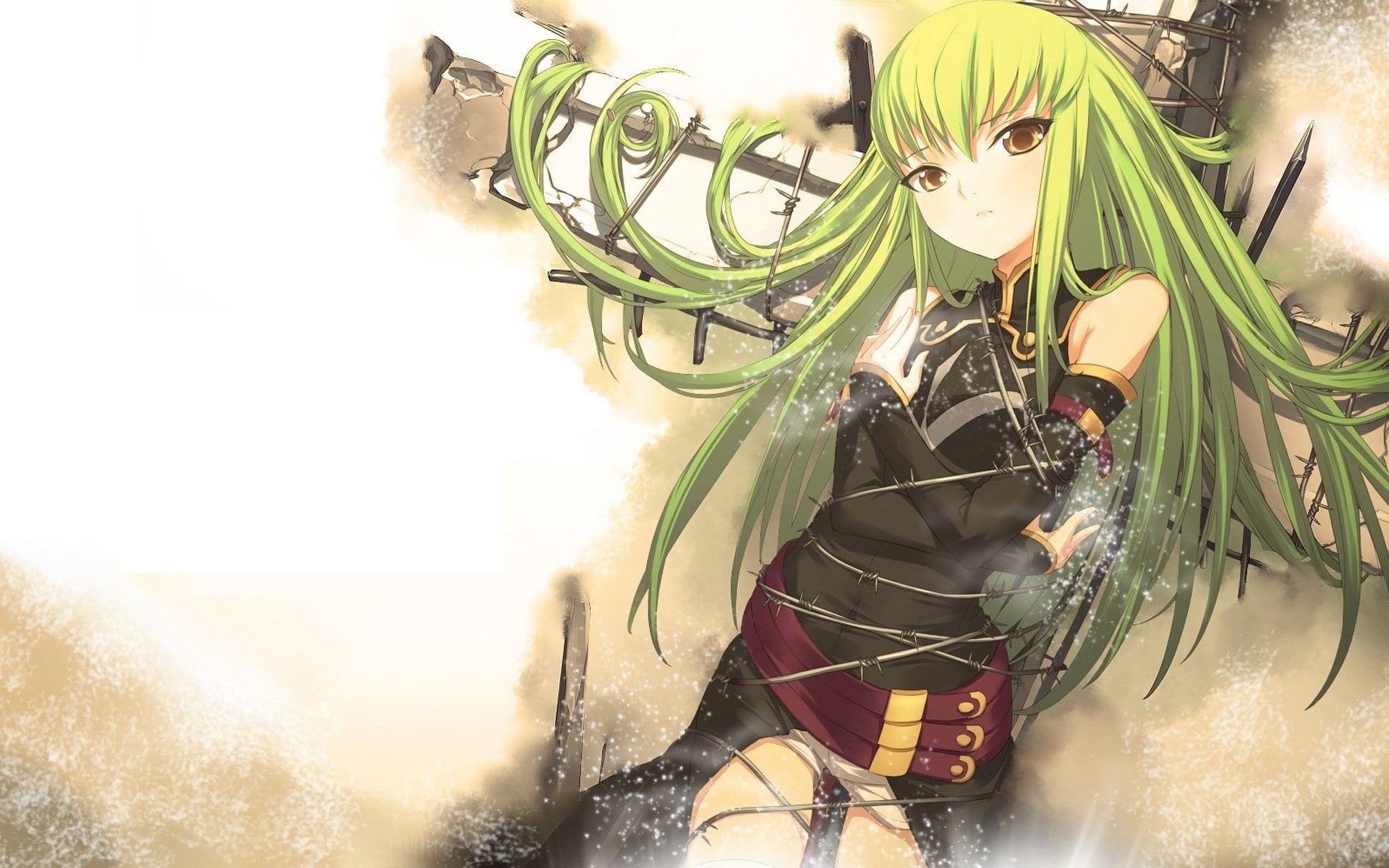 wire, brown eyes, green hair, simple background, 1080P, C.C., long hair, Code Geass, black dress, HD Wallpaper