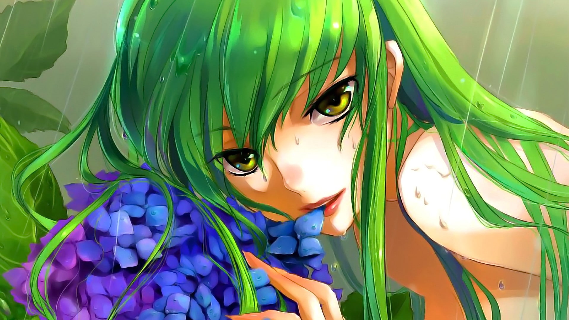 green hair, flowers, smiling, anime, looking at viewer, long hair, anime girls, 1080P, Code Geass, yellow eyes, C.C., HD Wallpaper