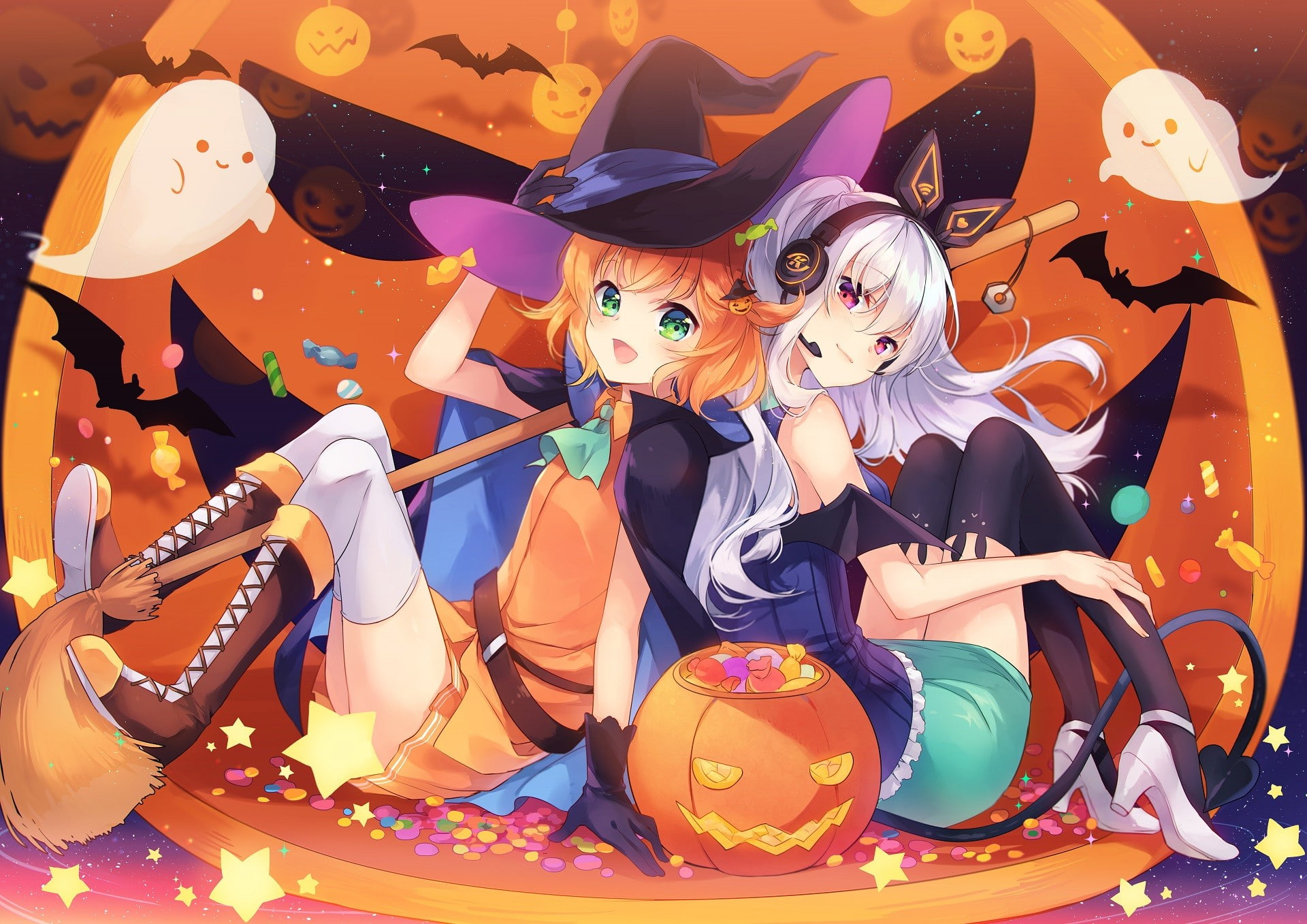 pumpkin, headphones, thigh-highs, redhead, 1080P, red eyes, green eyes, white hair, Halloween, HD Wallpaper