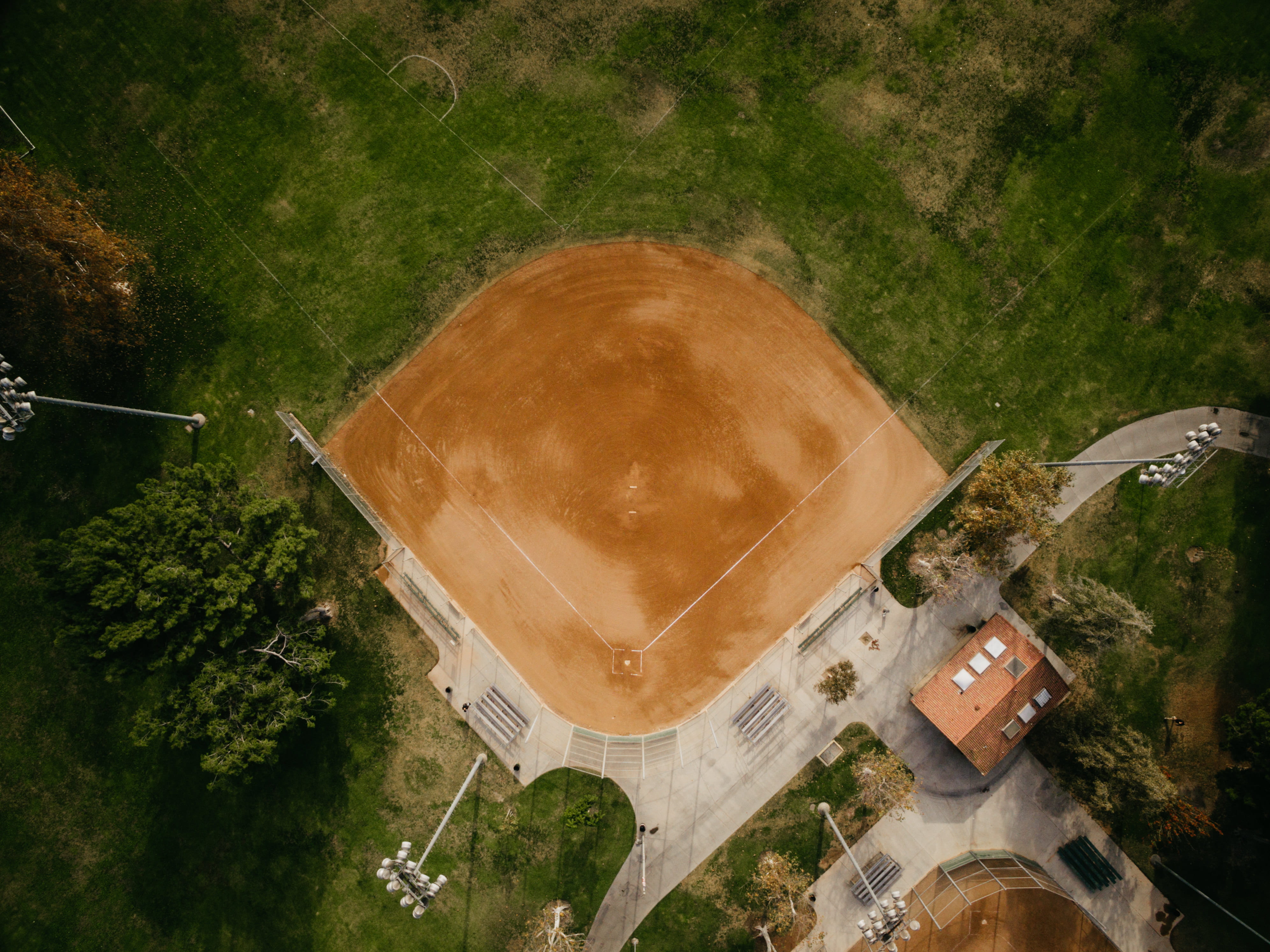 field, high, photography, directly above, transportation, drone, brown, aerial, fly, tree, green, ball game, car, nature, from above, baseball field, empty, HD Wallpaper