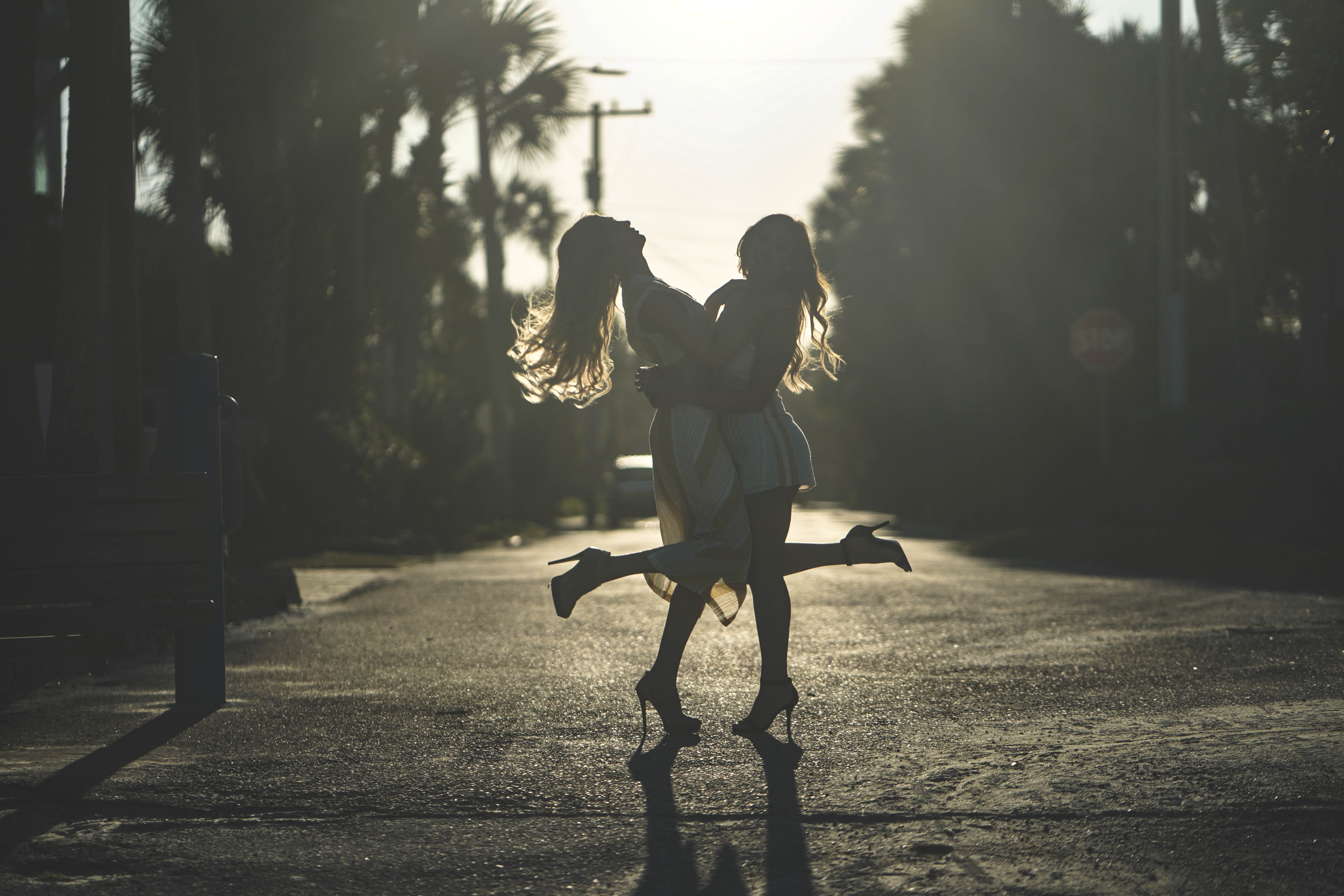 shadow, leisure activity, dancing, fashion, adult, road, happy, daylight, modeling, standing, outdoors, hugging, full length, models, style, silhouette, HD Wallpaper