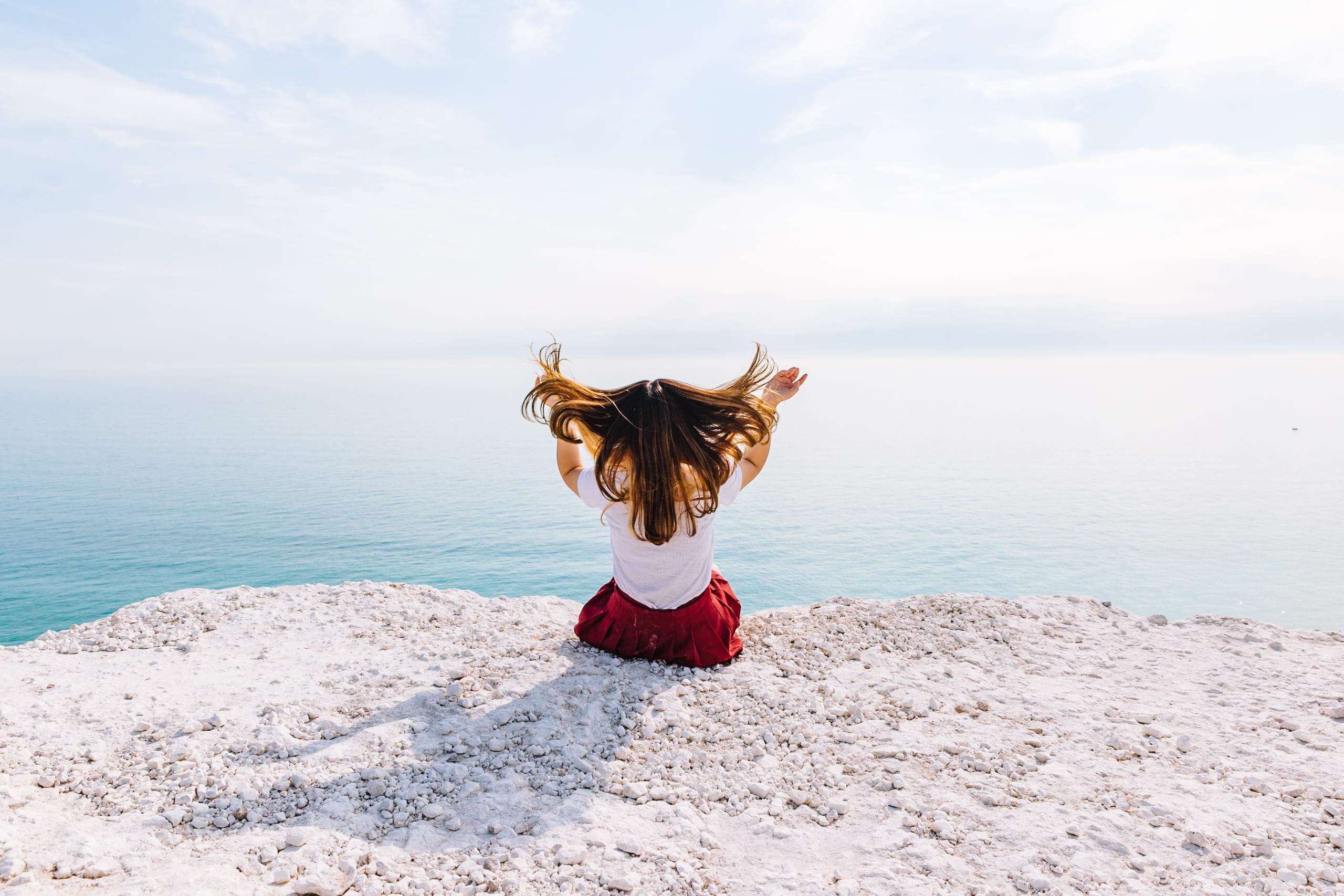 outdoors, fashion, girl, sitting, summer, nature, cliff, lifestyles, freedom, water, adult, tranquility, hill, daytime, women, one woman only, females, HD Wallpaper
