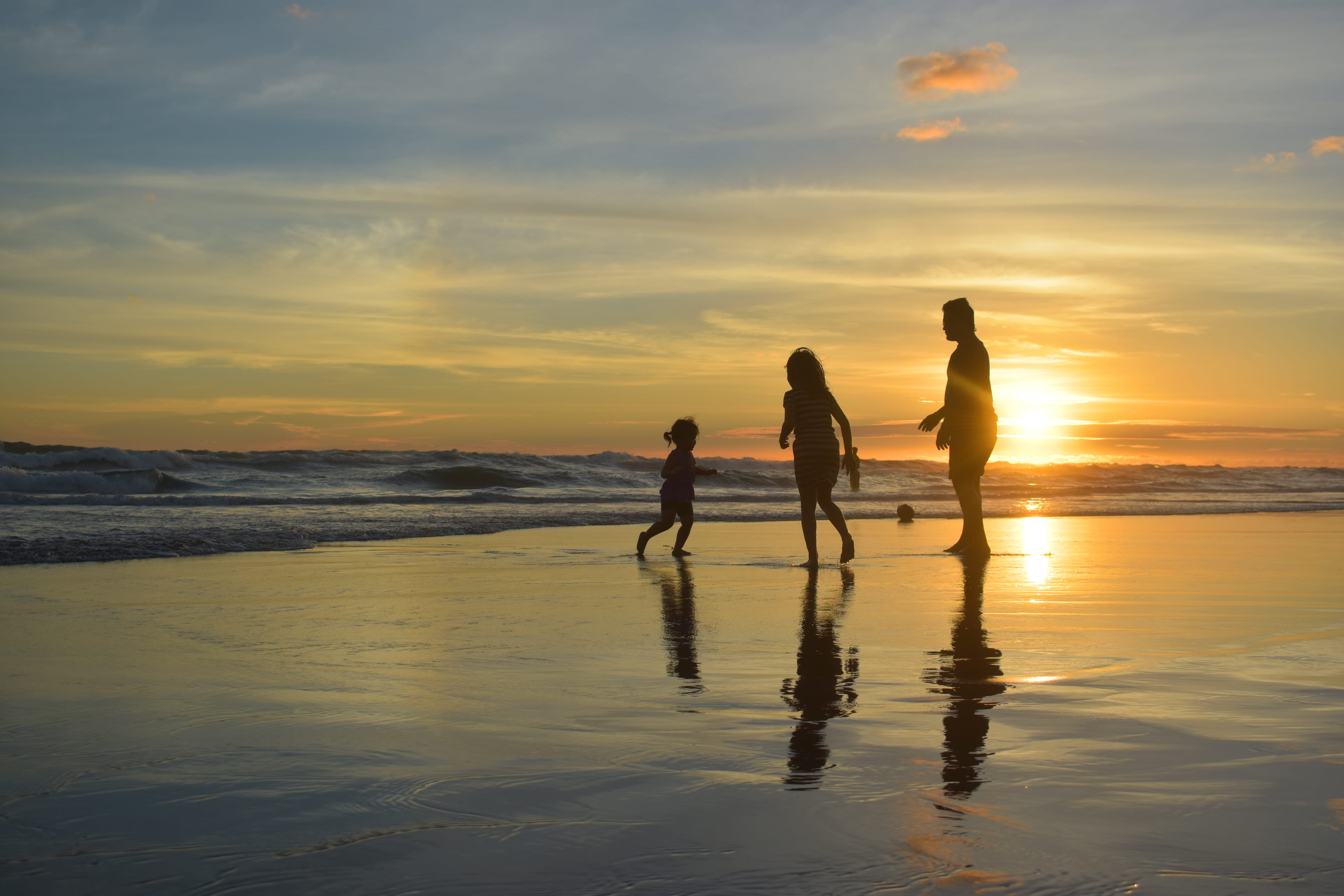 child, body, orange color, water, shore, seashore, positive emotion, cloud - sky, togetherness, sea, family, sunset, people, 4K, leisure activity, toddler, HD Wallpaper