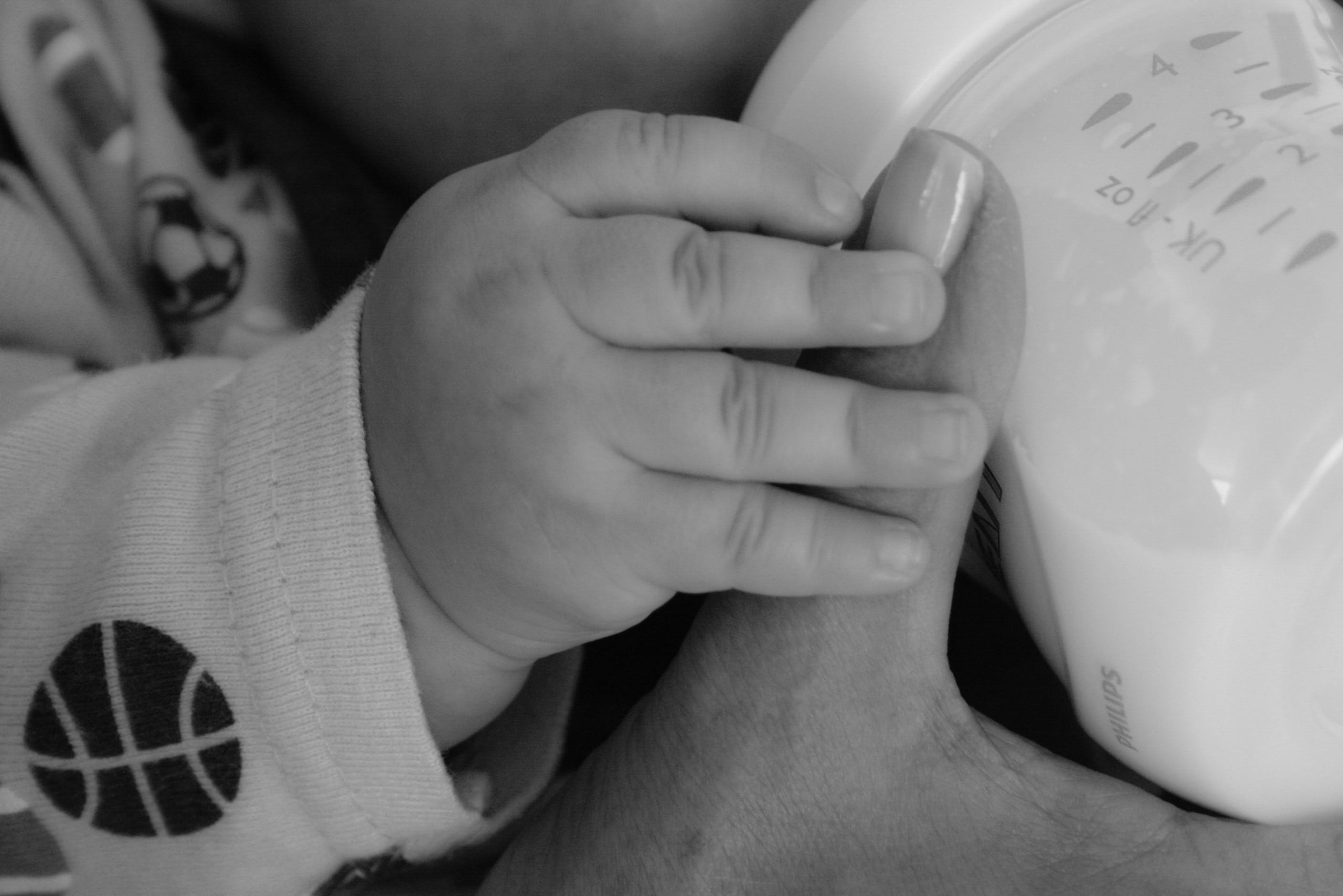 child, human hand, adult, lactation, hand, lifestyles, women, human body part, communication, bottle, holding, breastfeeding, babies, childhood, grayscale, HD Wallpaper