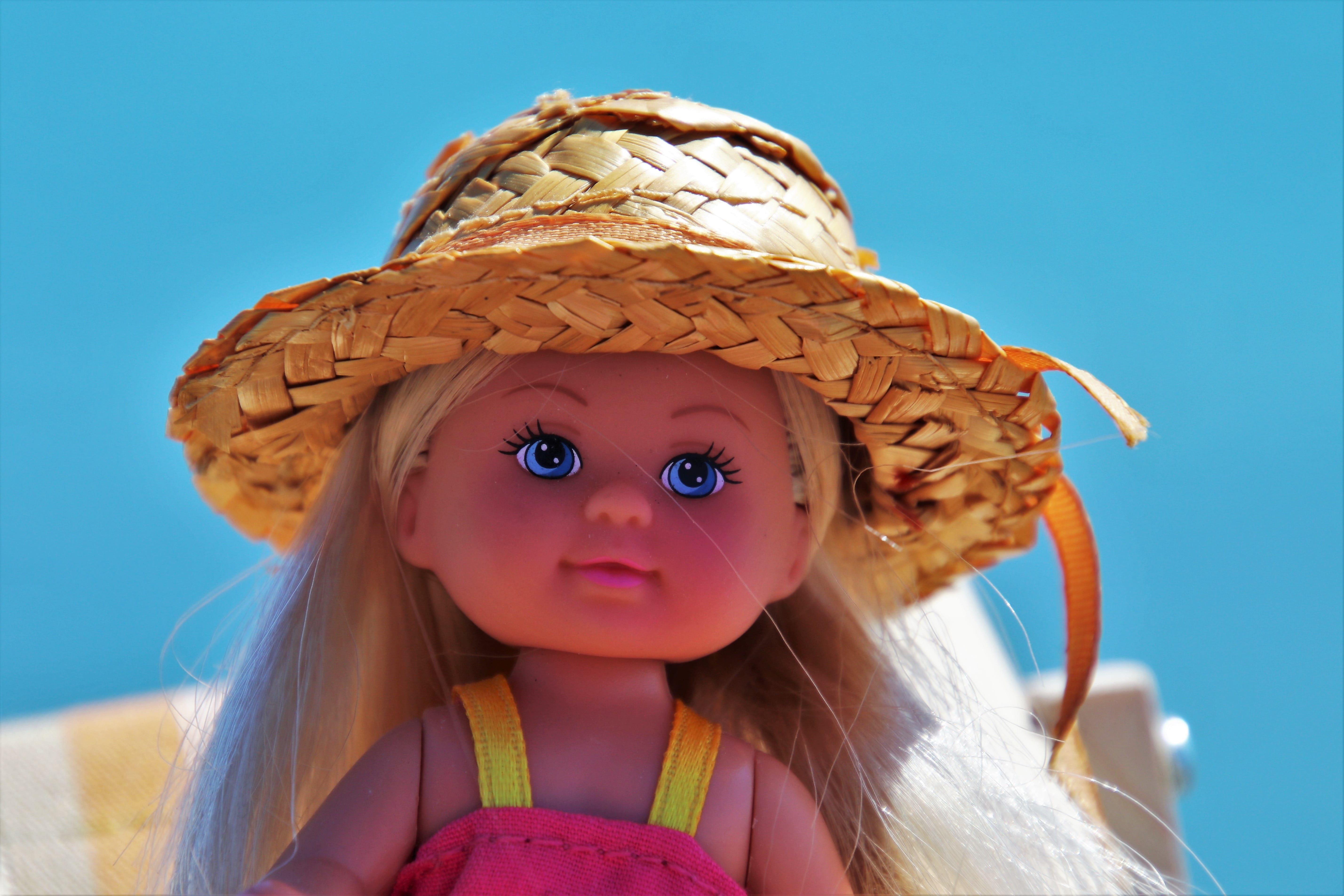 hat, innocence, blue sky, blond hair, funny, doll, blue eyes, hair, 5K, sky, toys for children, looking at camera, colorful, holiday, body part, females, HD Wallpaper