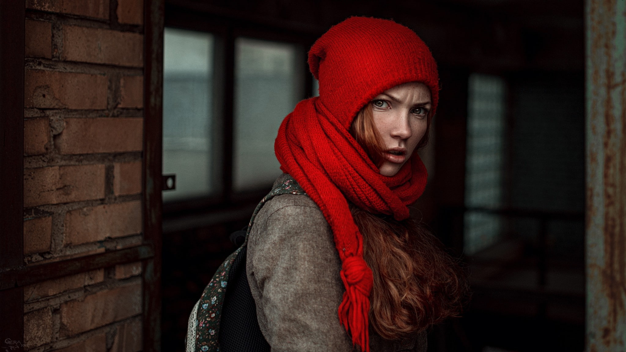 redhead, woolly hat, scarf, 1080P, women, Georgy Chernyadyev, Oksana Butovskaya, HD Wallpaper