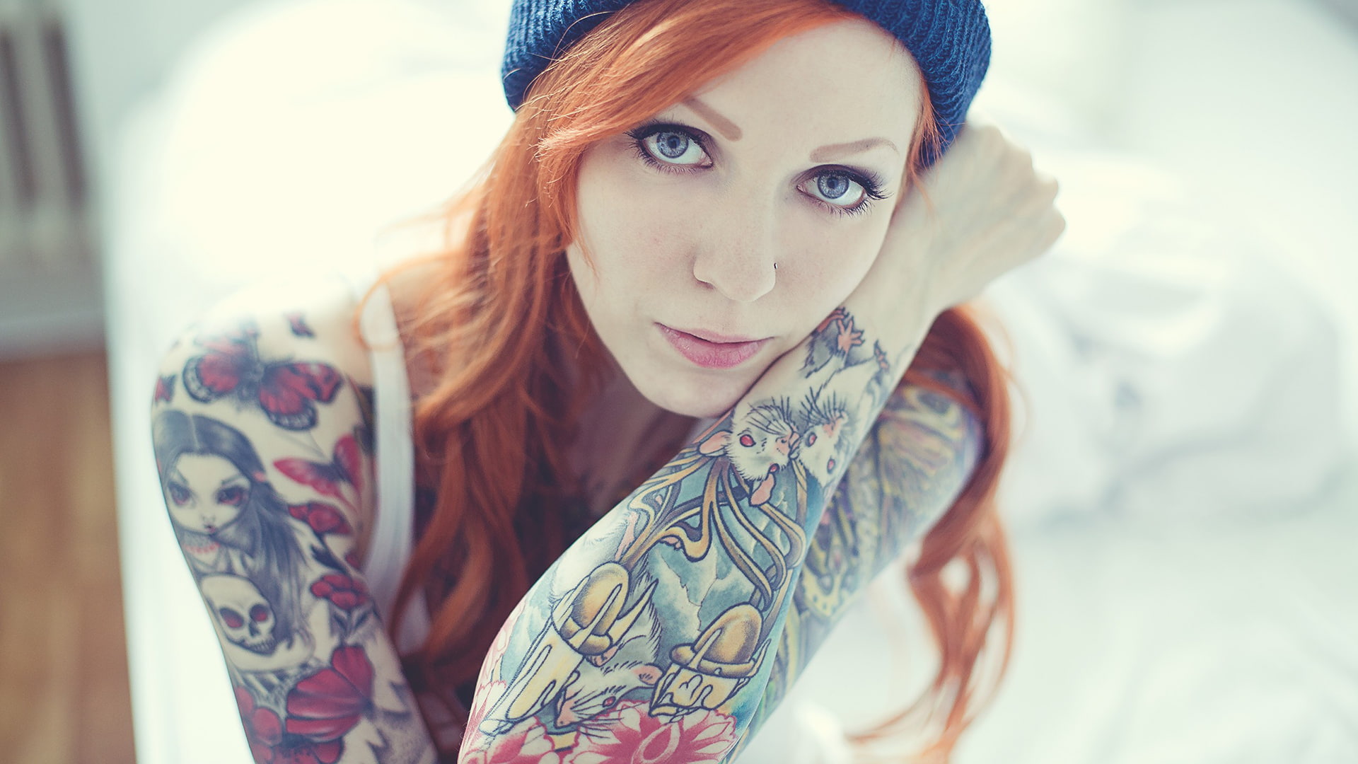 blue eyes, tattoo, redhead, Evilla D Ark, woolly hat, 1080P, face, women, HD Wallpaper