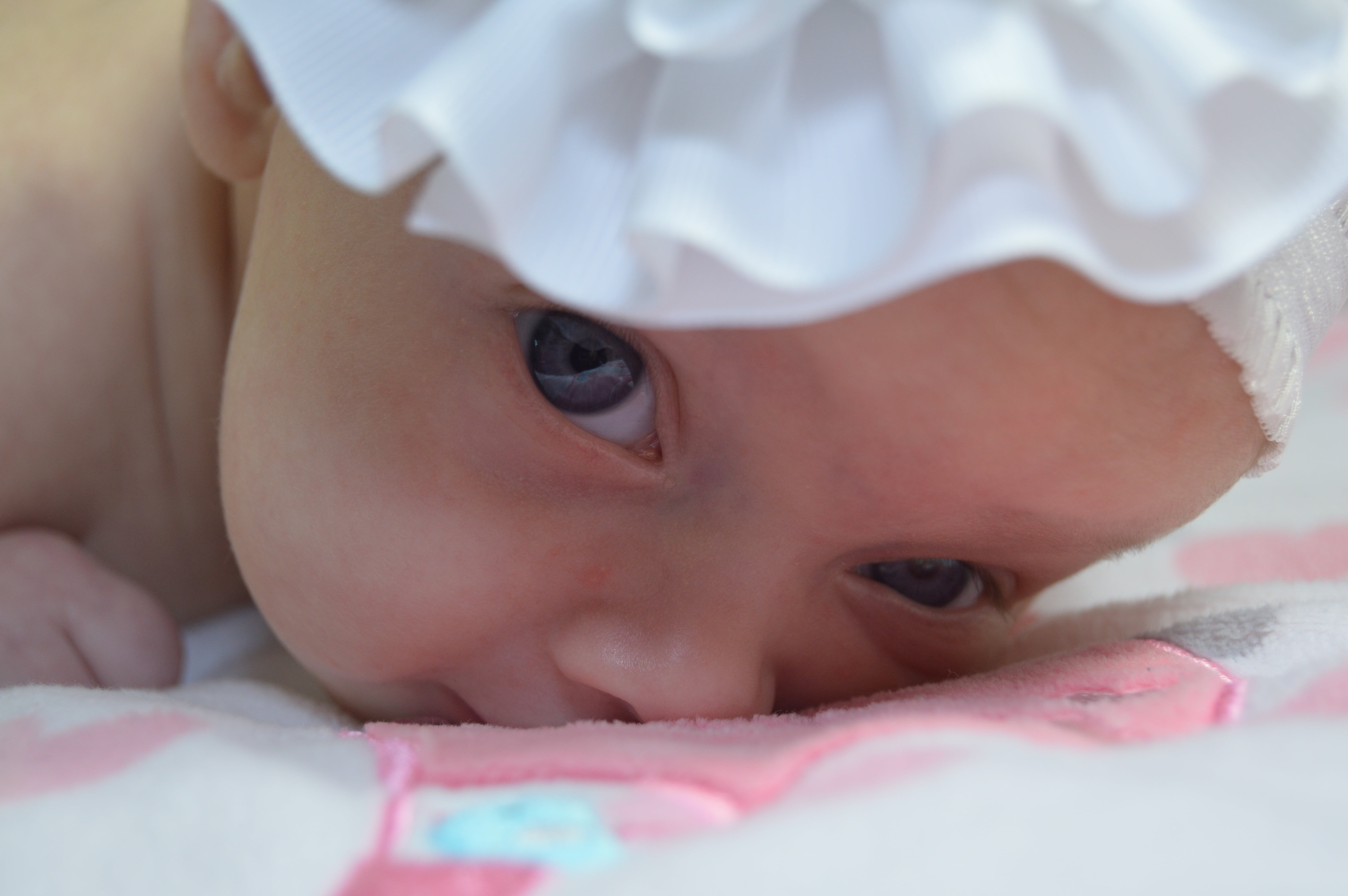 portrait, photo, indoors, white, pink, close, infant, relaxation, lying down, close-up, beginnings, child, sweet, cute, headband, childhood, one person, HD Wallpaper