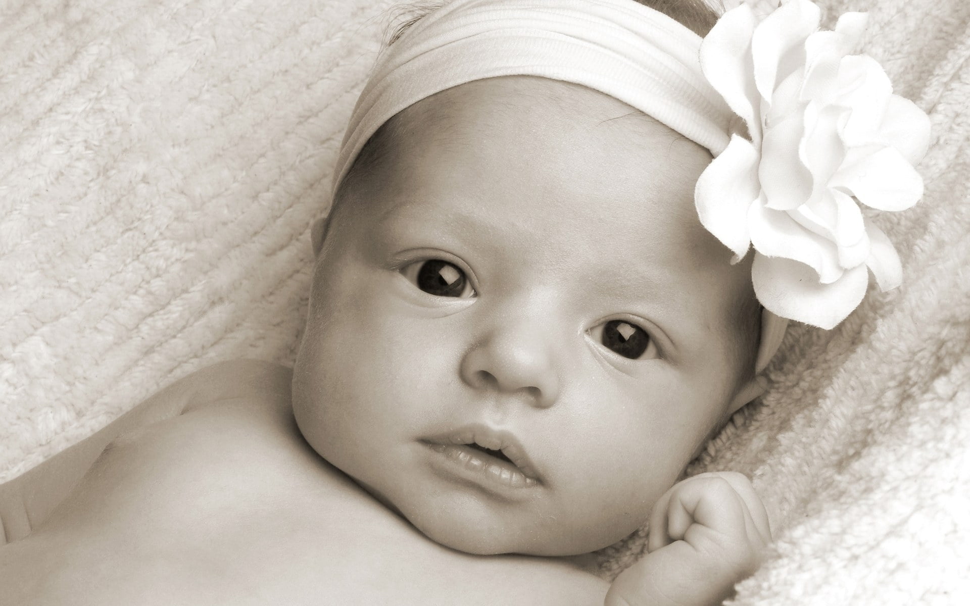 close-up, innocence, furniture, bed, young, cute, indoors, infant, black white, 1080P, headshot, babyhood, childhood, one person, relaxation, headband, HD Wallpaper