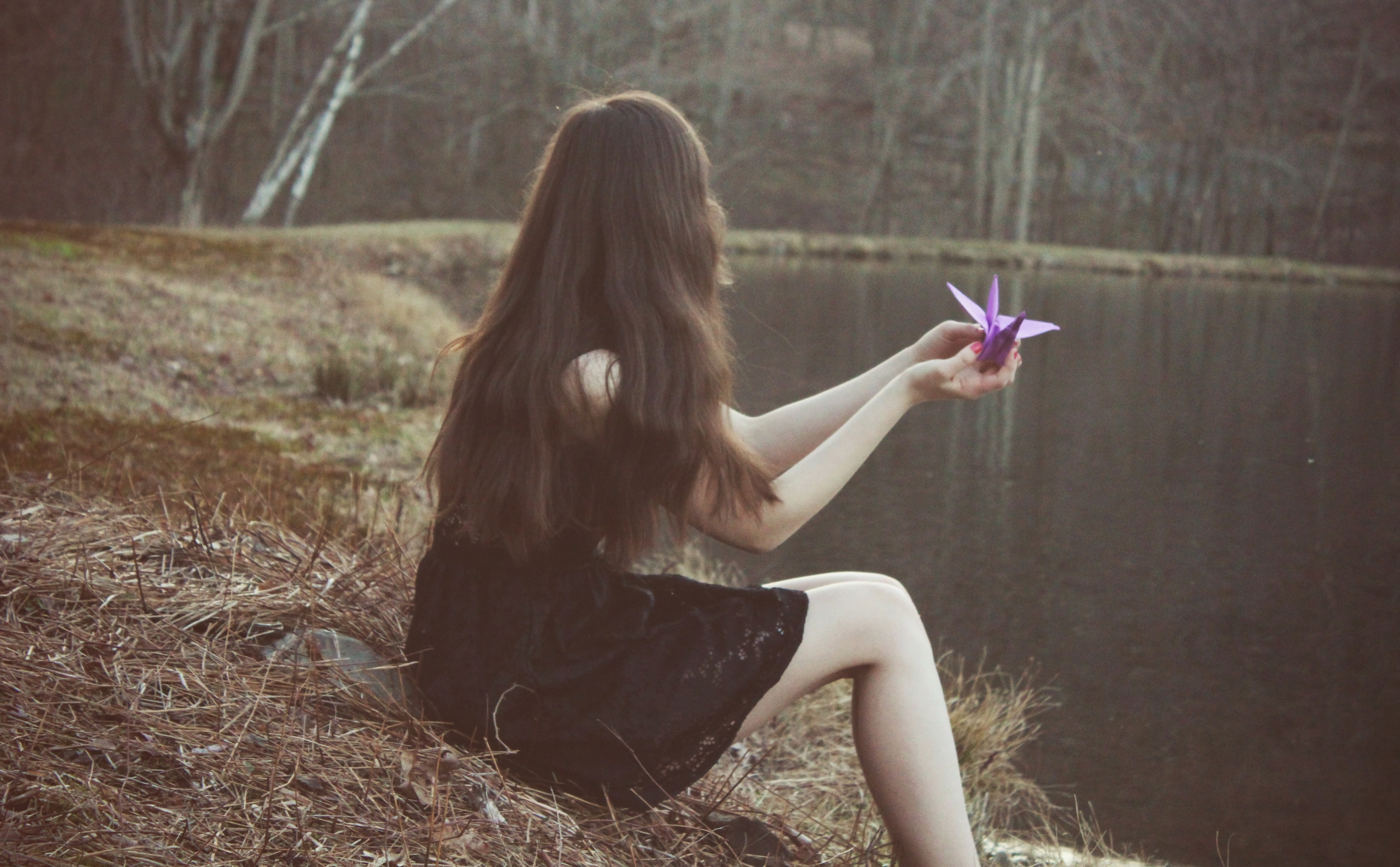 field, long hair, papercranes, beautiful woman, three quarter length, Lake, crane, portraitu, Girl, Pond, 5K, nature, hair, origami, brown hair, portraiture, HD Wallpaper