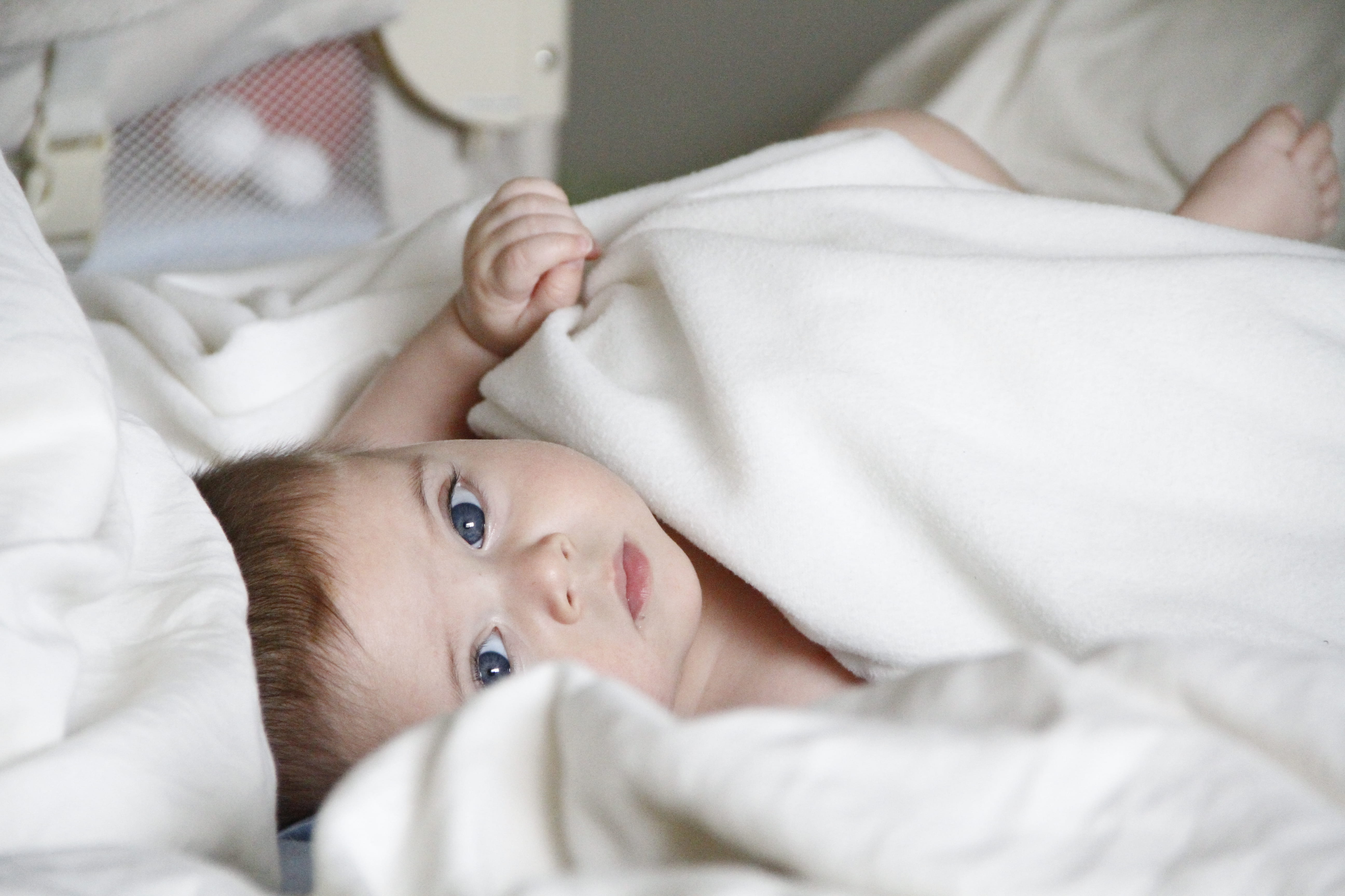lying down, child, bassinet, portrait, looking at camera, boy, one person, cozy, bedroom, newborn, smiling, childhood, baby, born, white, family, morning, HD Wallpaper