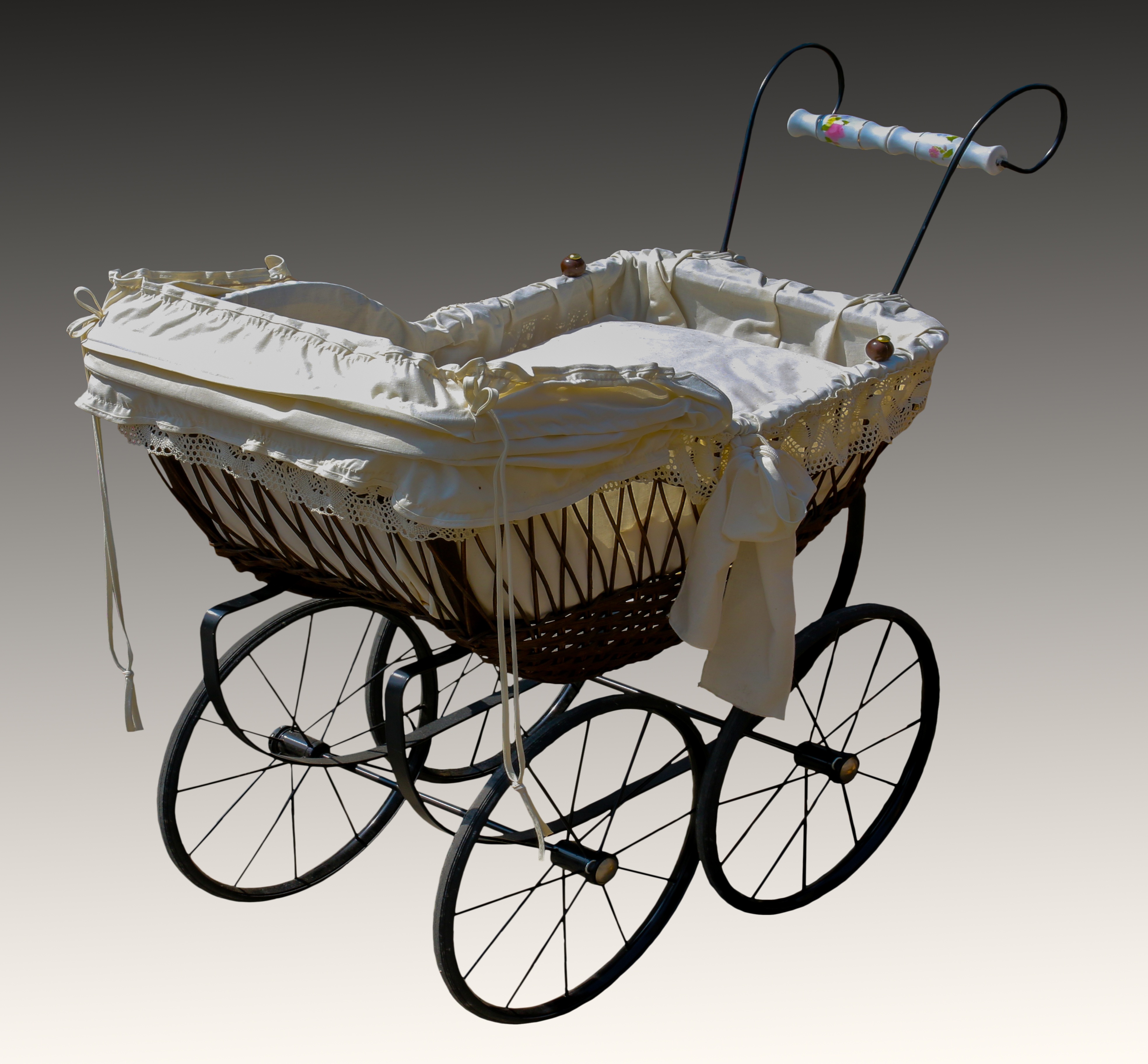 baby carriage, land vehicle, steel, old, metal, nostalgia, indoors, still life, absence, wheel, toy, cut out, frame, nostalgic, 4K, white, black, table, HD Wallpaper