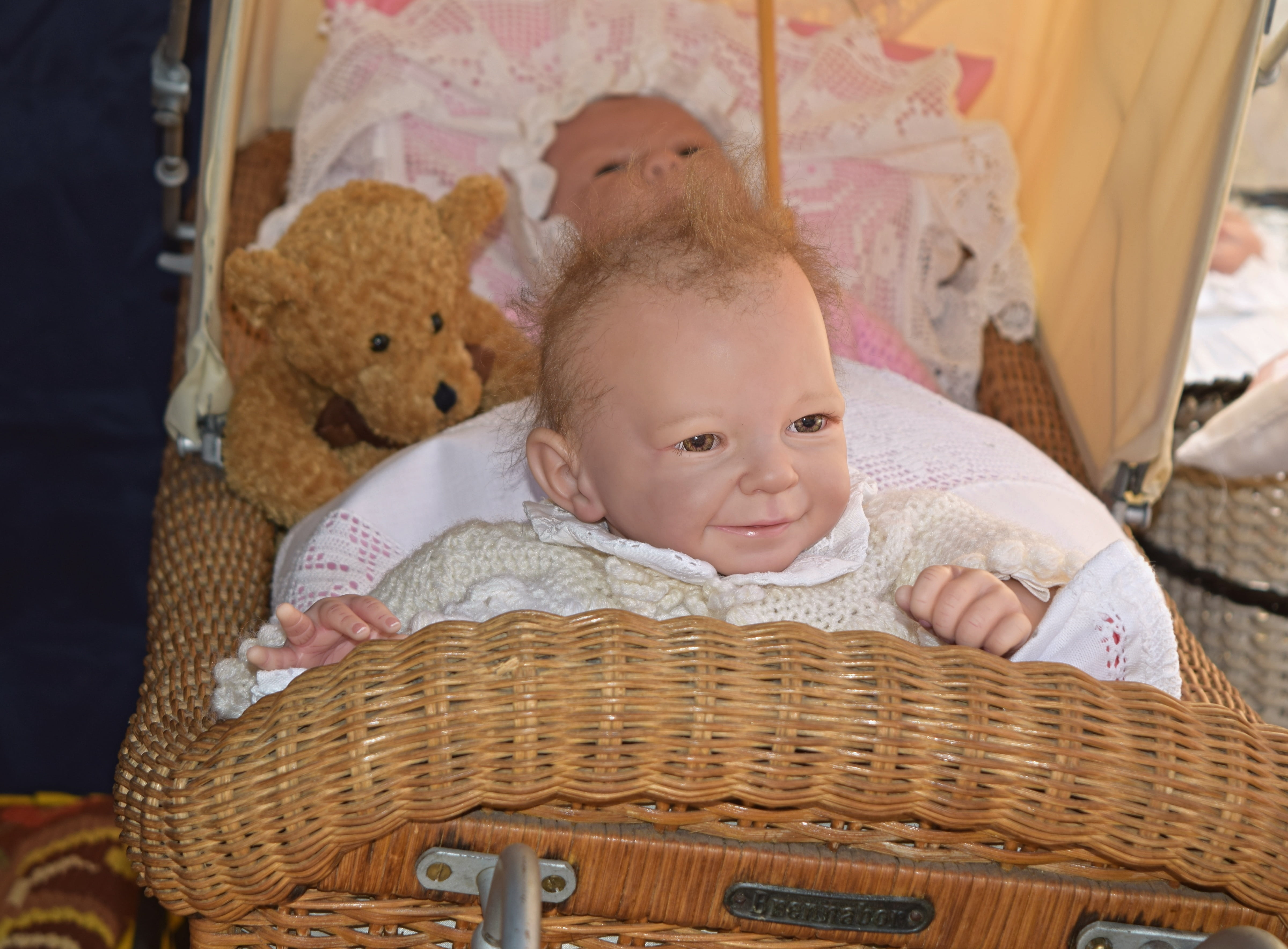 doll, old stroller, brown, one person, innocence, bassinet, wicker, looking at camera, baby, smiling, babyhood, sweet, toy, front view, young, container, HD Wallpaper