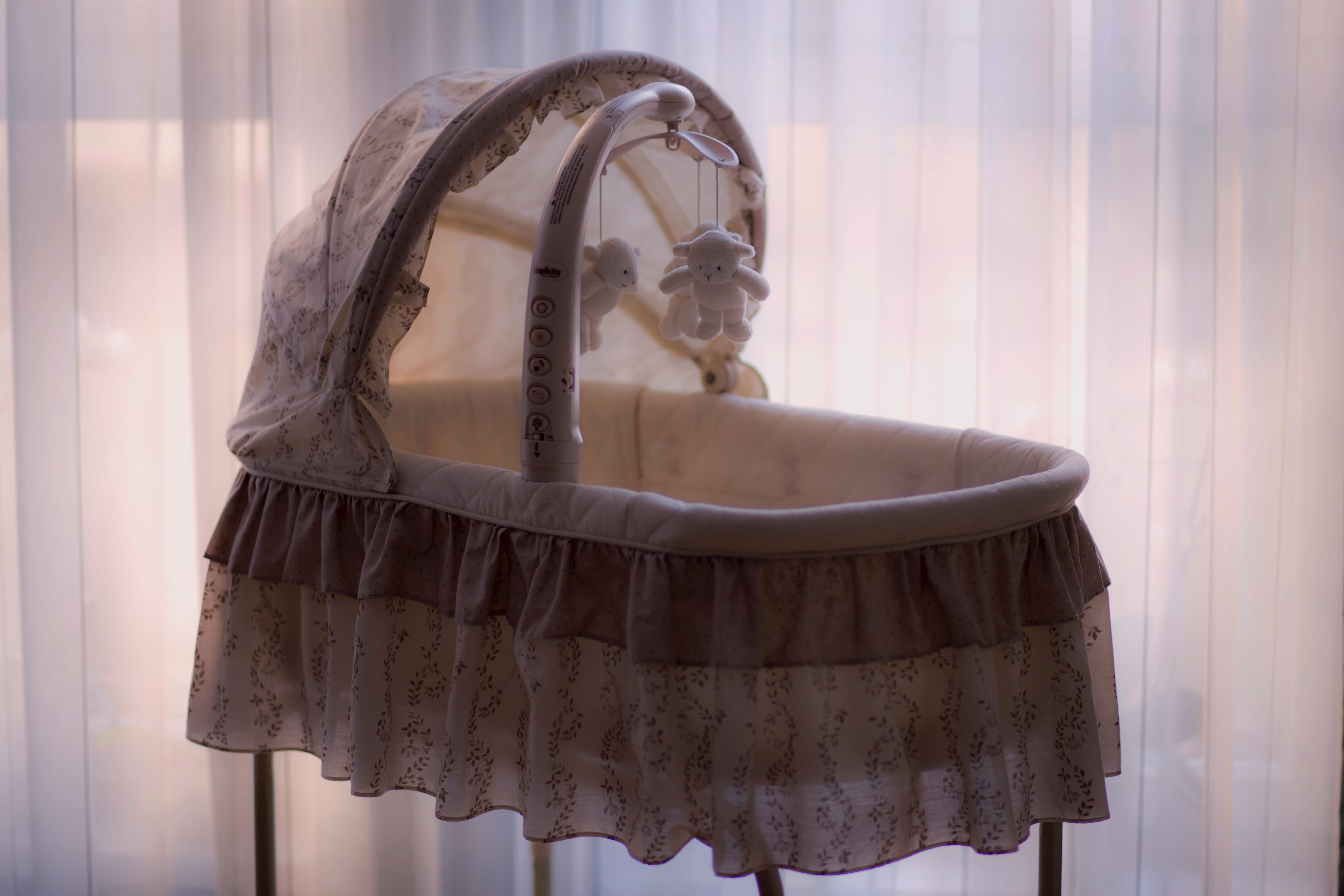 bassinet, representation, cradle, close-up, home interior, day, curtain, textile, 5K, window, coathanger, human representation, baby, focus on foreground, HD Wallpaper