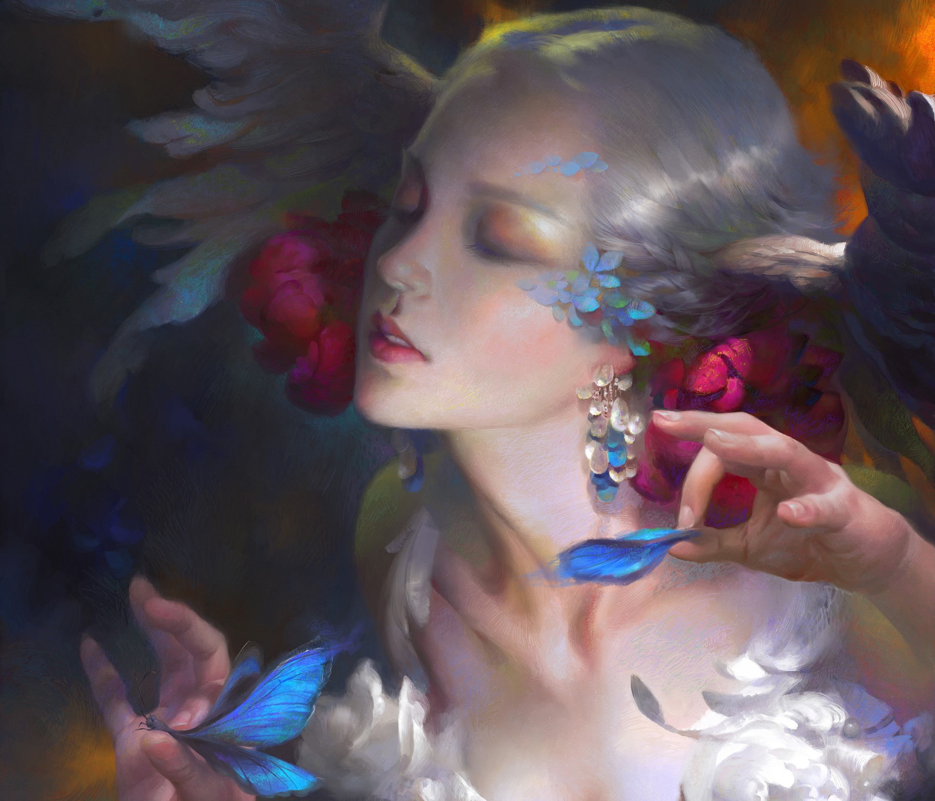 hands, face, hairstyle, flowers in her hair, 1080P, eyes closed, Wei Feng, art, earrings, white hair, elf, HD Wallpaper