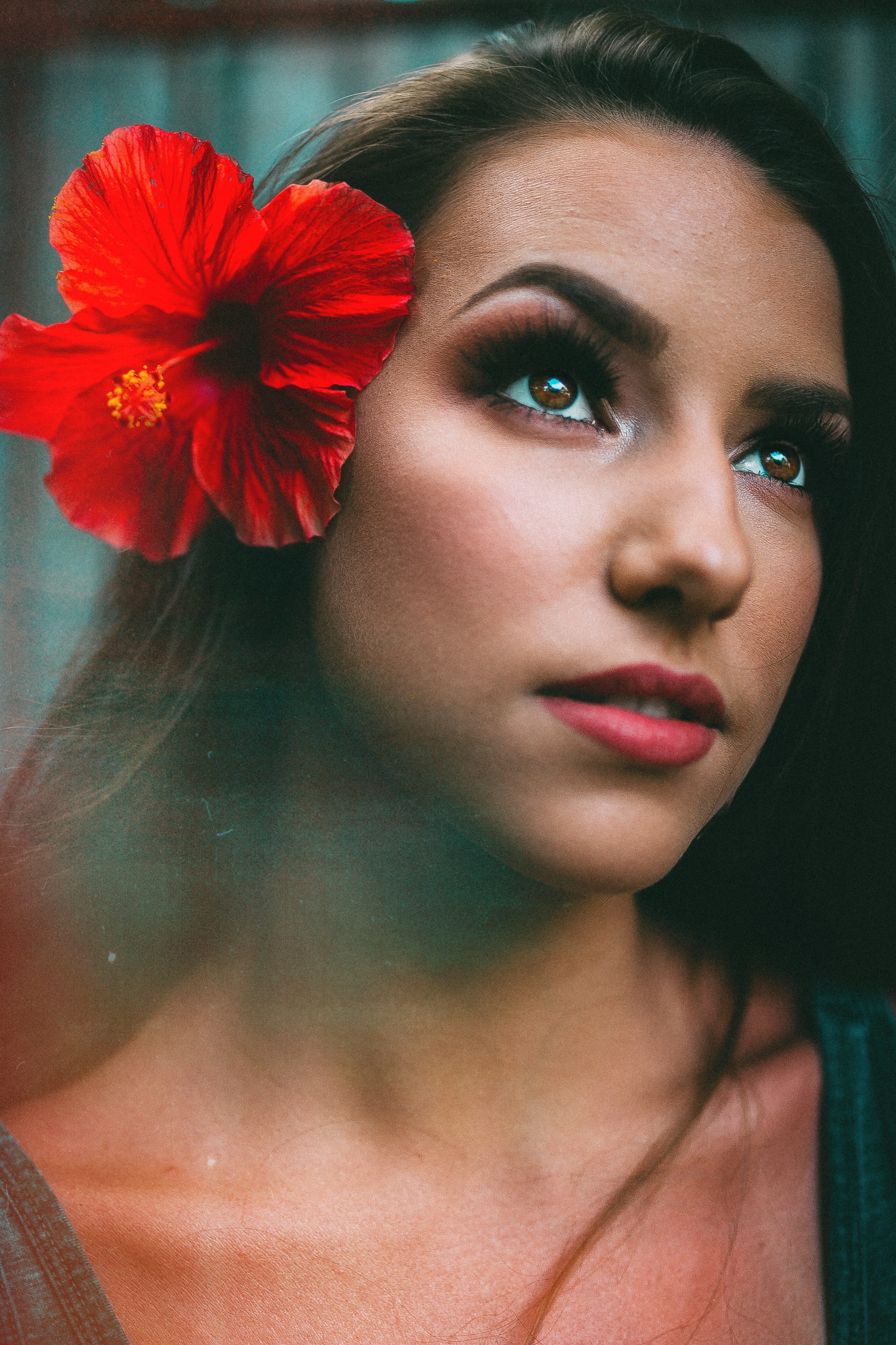 close-up, female, portrait, indoors, real people, looking at camera, young women, hibiscus, front view, hair decor, 4K, one person, red, headshot, beautiful woman, Phone HD Wallpaper